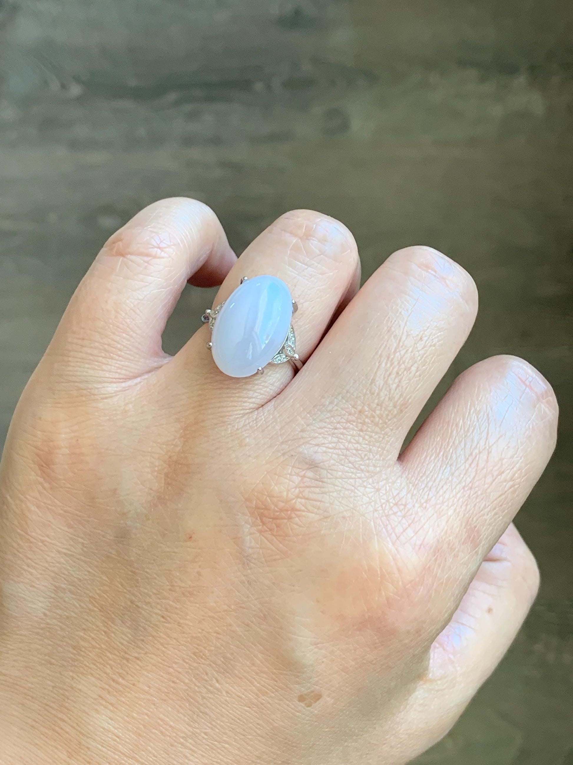 Natural Grade A Icy Translucent Pastel Purple Undertone Jadeite Oval Cabochon Ring Sterling Silver Size Adjustable 天然冰淡紫底翡翠大蛋面银镶戒指 DDZ-D