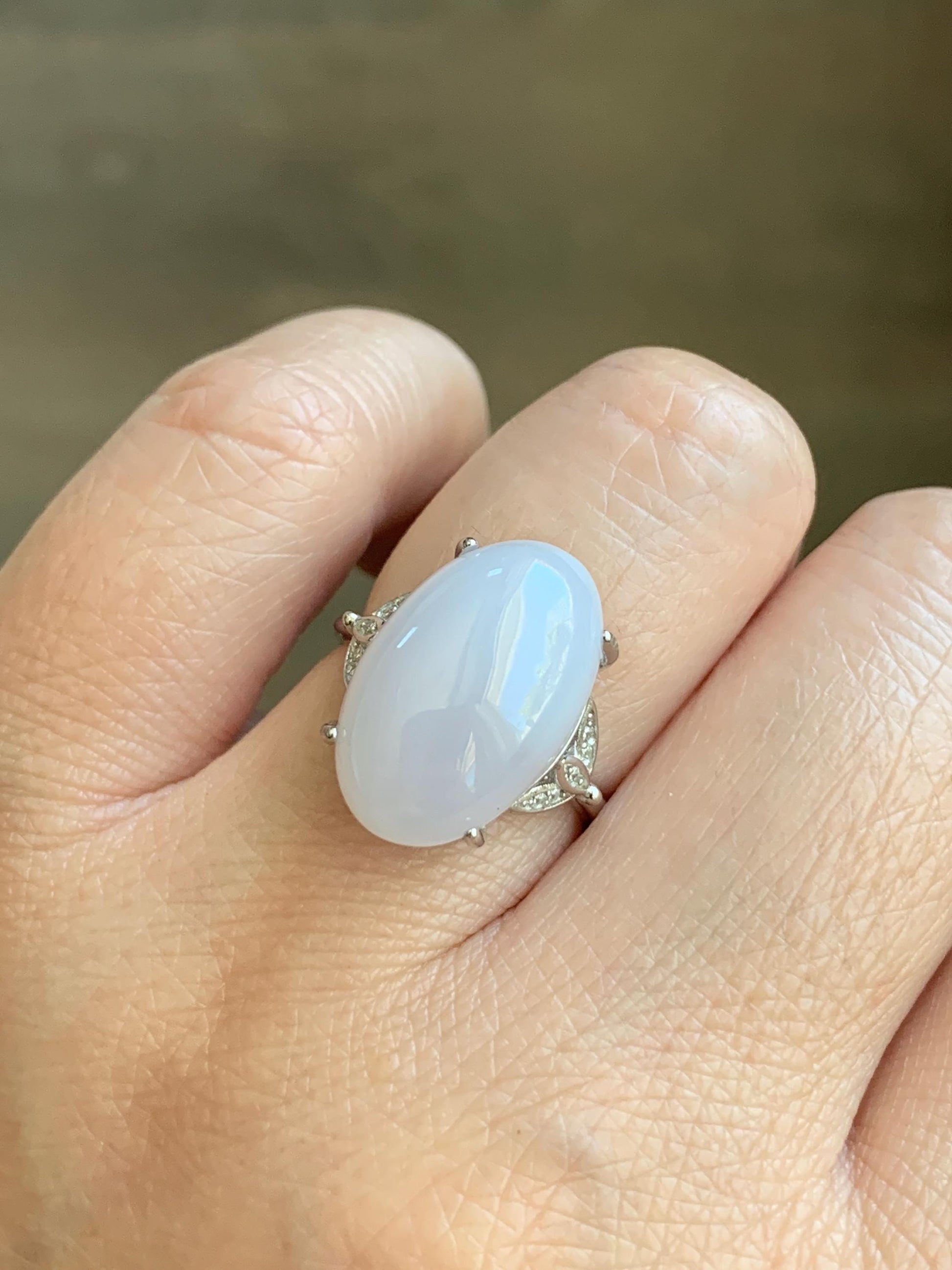 Natural Grade A Icy Translucent Pastel Purple Undertone Jadeite Oval Cabochon Ring Sterling Silver Size Adjustable 天然冰淡紫底翡翠大蛋面银镶戒指 DDZ-D