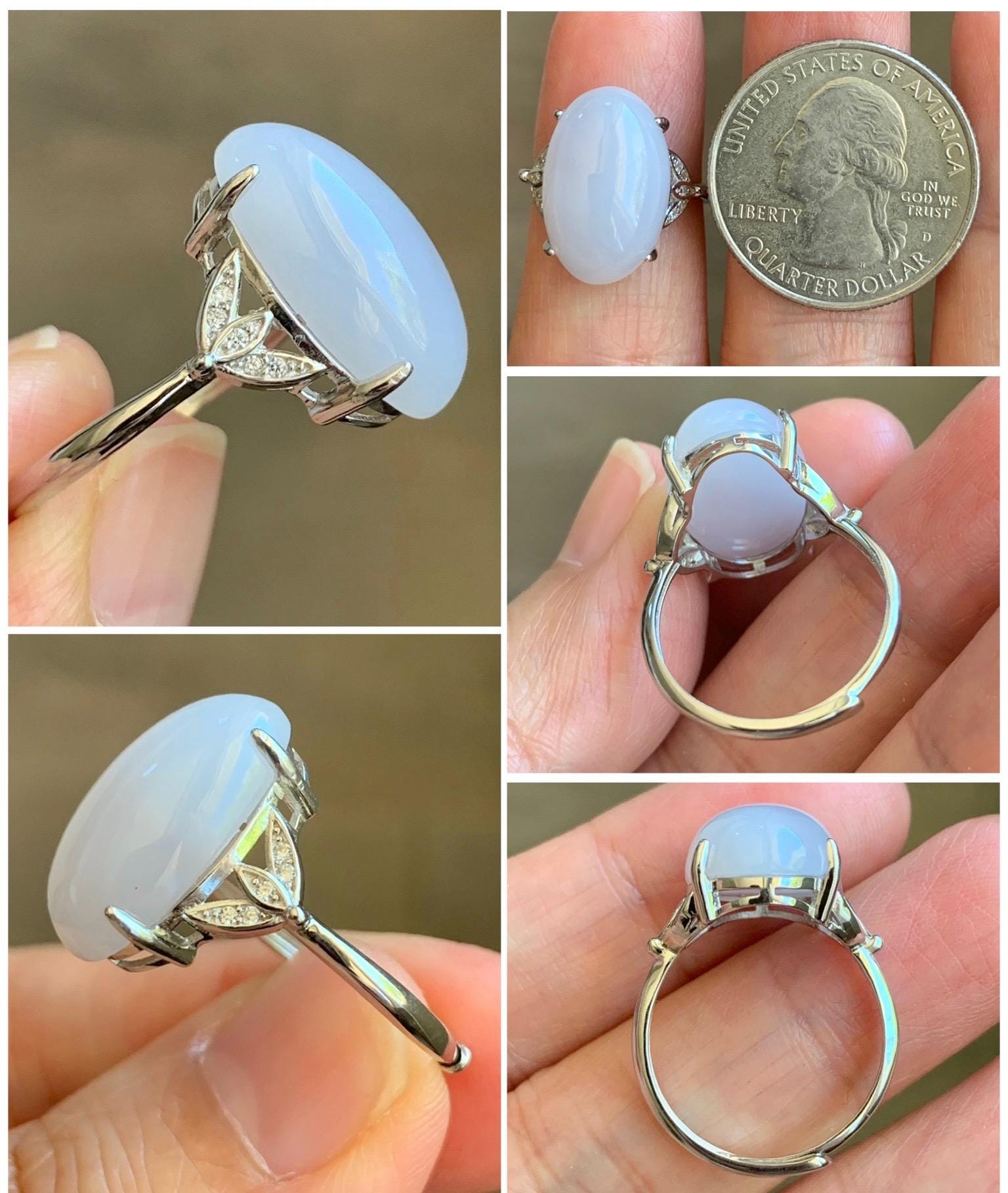 Natural Grade A Icy Translucent Pastel Purple Undertone Jadeite Oval Cabochon Ring Sterling Silver Size Adjustable 天然冰淡紫底翡翠大蛋面银镶戒指 DDZ-D