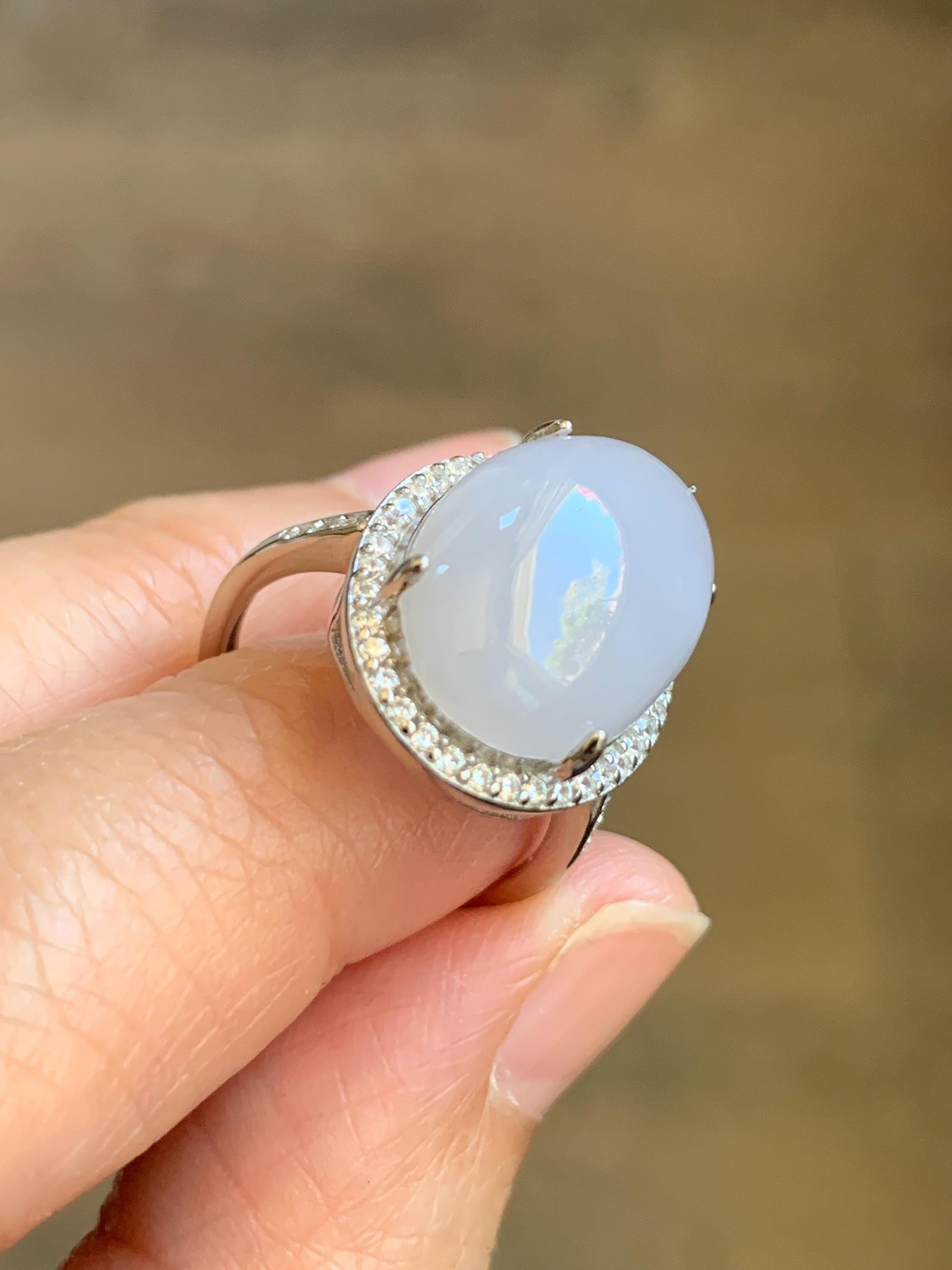 Natural Grade A Icy Translucent Pastel Purple Undertone Jadeite Oval Cabochon Ring Sterling Silver Size Adjustable 天然冰淡紫底翡翠大蛋面银镶戒指 DDZ-E