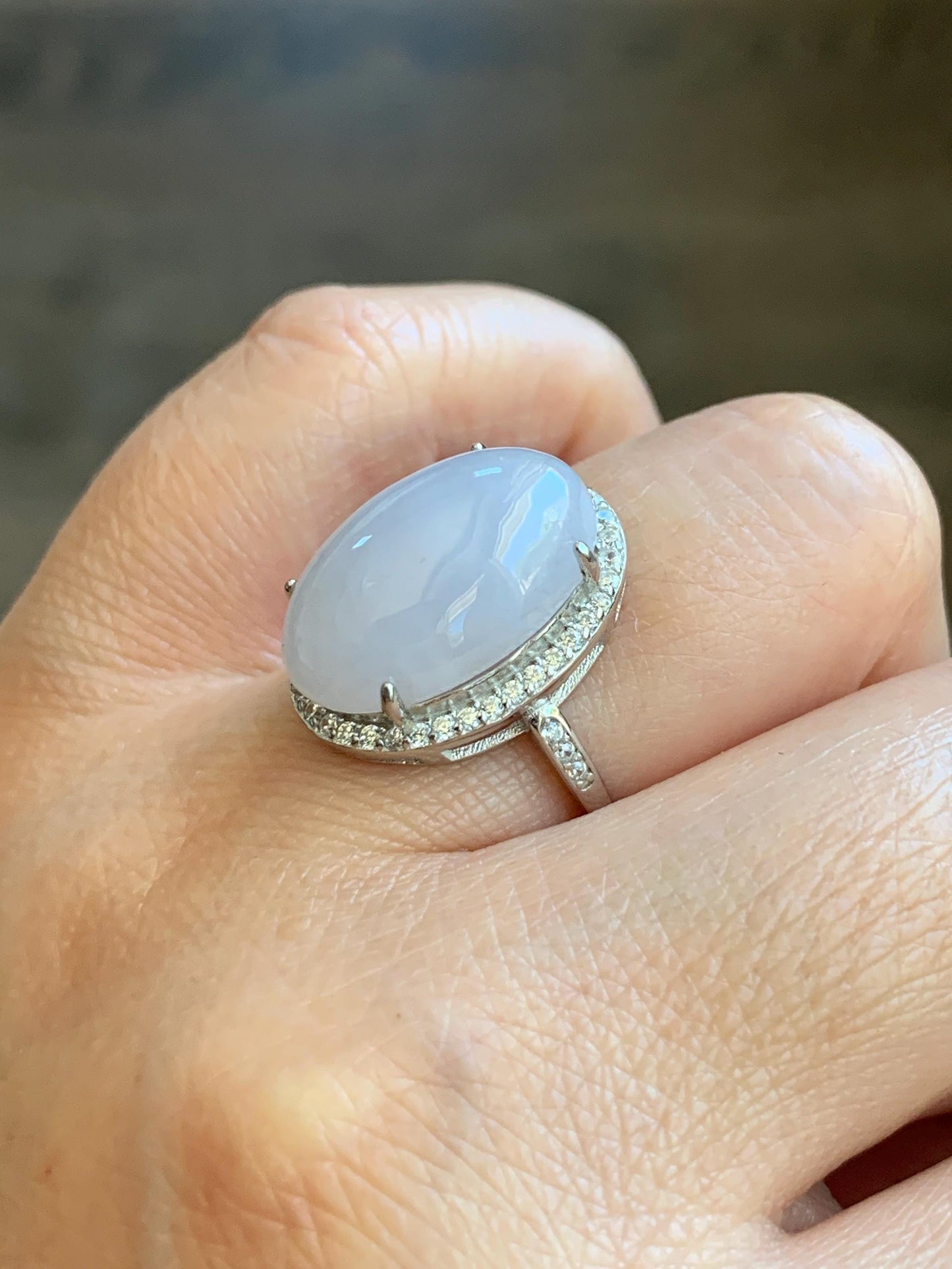 Natural Grade A Icy Translucent Pastel Purple Undertone Jadeite Oval Cabochon Ring Sterling Silver Size Adjustable 天然冰淡紫底翡翠大蛋面银镶戒指 DDZ-E