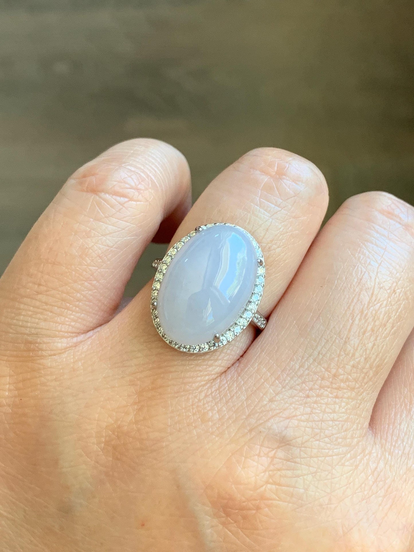 Natural Grade A Icy Translucent Pastel Purple Undertone Jadeite Oval Cabochon Ring Sterling Silver Size Adjustable 天然冰淡紫底翡翠大蛋面银镶戒指 DDZ-E
