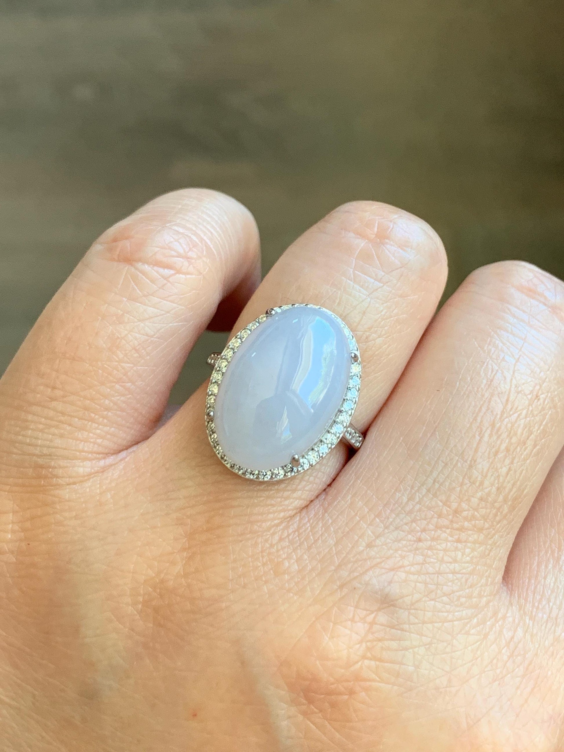 Natural Grade A Icy Translucent Pastel Purple Undertone Jadeite Oval Cabochon Ring Sterling Silver Size Adjustable 天然冰淡紫底翡翠大蛋面银镶戒指 DDZ-E