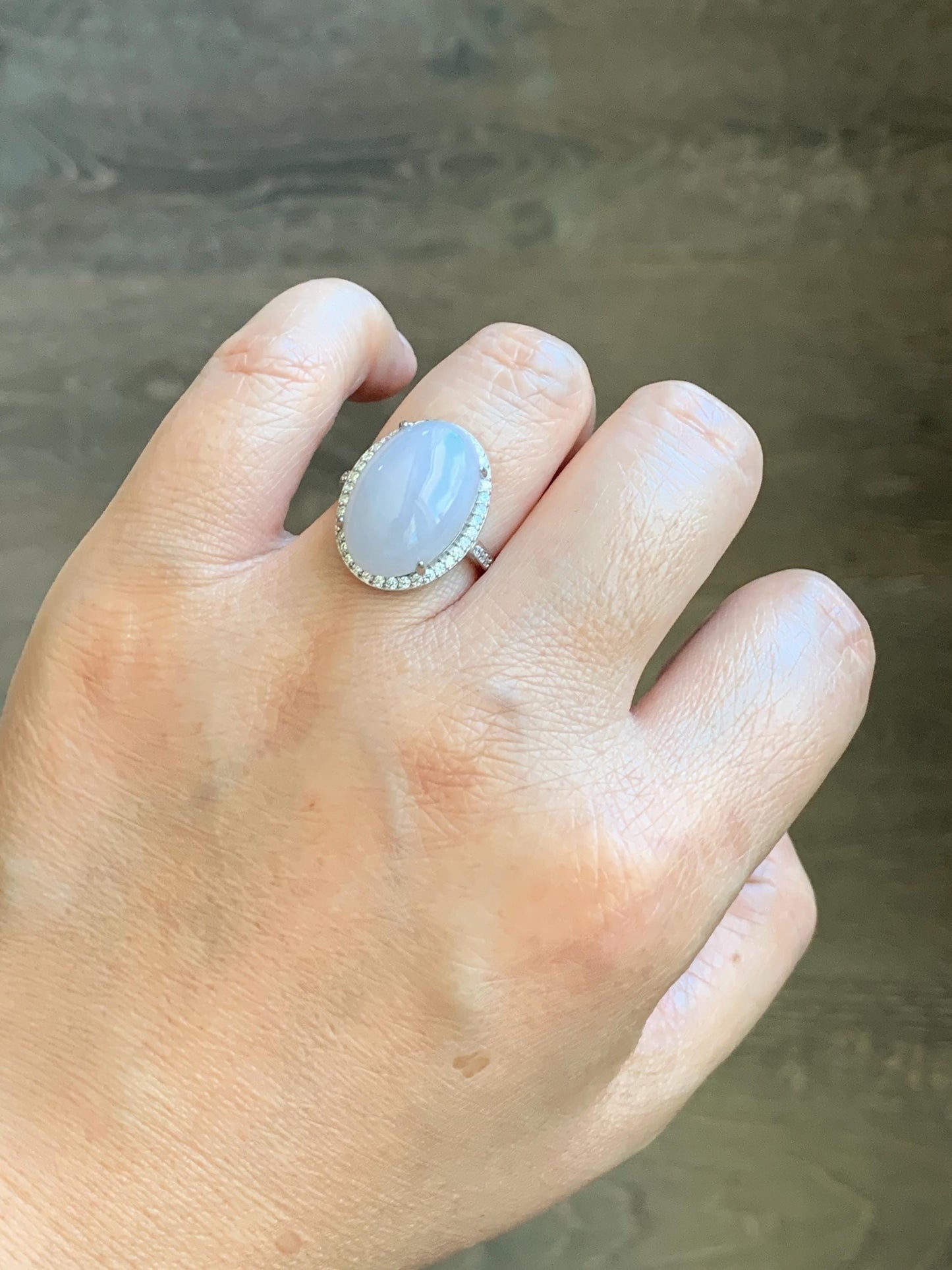 Natural Grade A Icy Translucent Pastel Purple Undertone Jadeite Oval Cabochon Ring Sterling Silver Size Adjustable 天然冰淡紫底翡翠大蛋面银镶戒指 DDZ-E