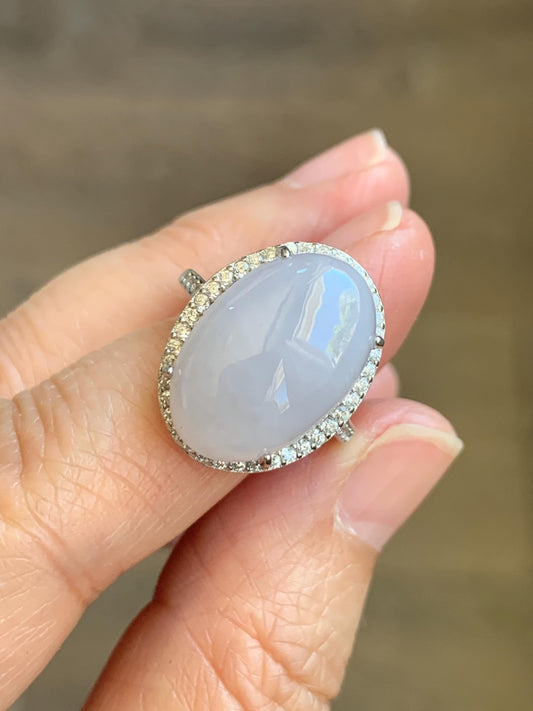 Natural Grade A Icy Translucent Pastel Purple Undertone Jadeite Oval Cabochon Ring Sterling Silver Size Adjustable 天然冰淡紫底翡翠大蛋面银镶戒指 DDZ-E