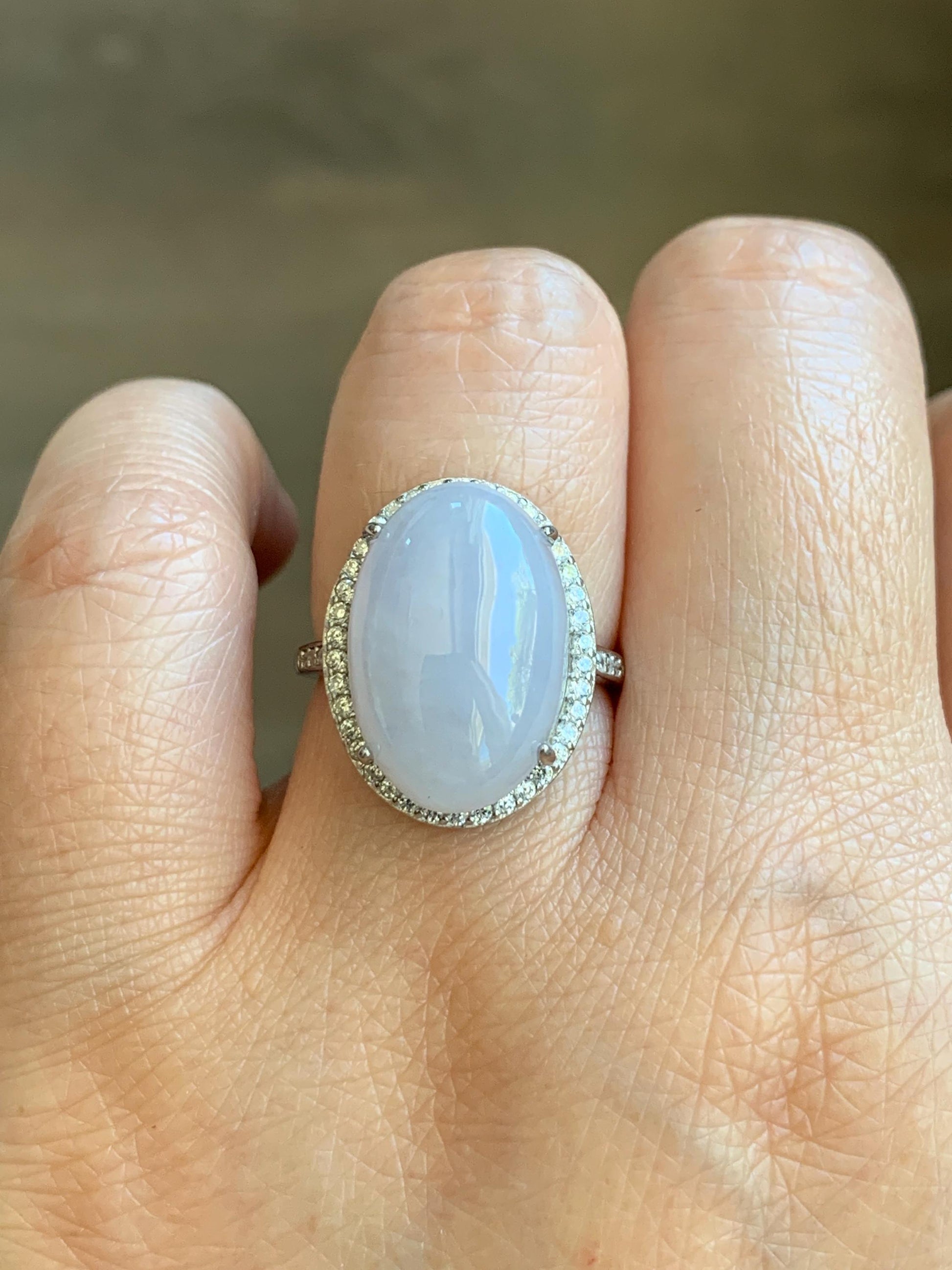 Natural Grade A Icy Translucent Pastel Purple Undertone Jadeite Oval Cabochon Ring Sterling Silver Size Adjustable 天然冰淡紫底翡翠大蛋面银镶戒指 DDZ-E