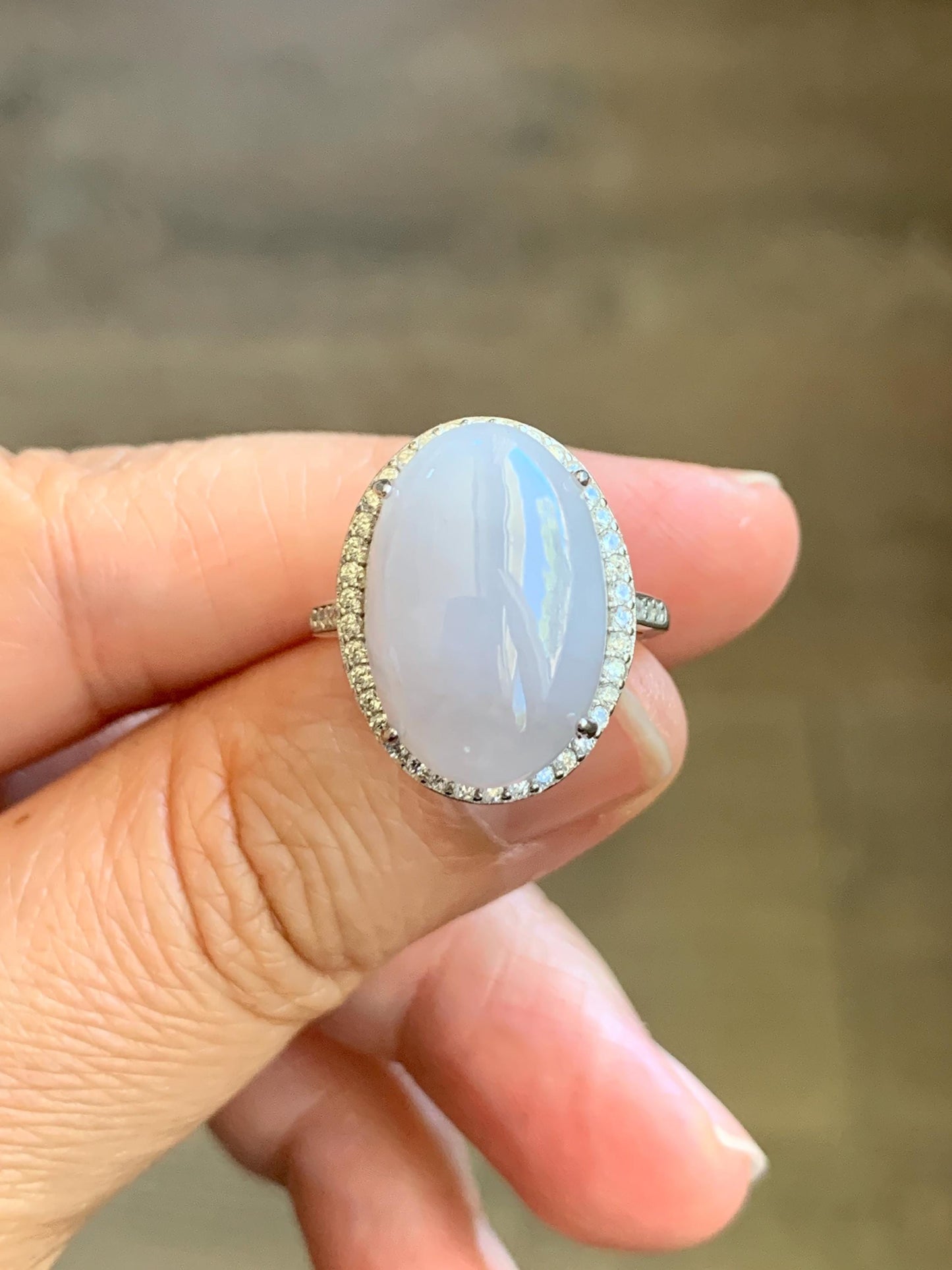 Natural Grade A Icy Translucent Pastel Purple Undertone Jadeite Oval Cabochon Ring Sterling Silver Size Adjustable 天然冰淡紫底翡翠大蛋面银镶戒指 DDZ-E