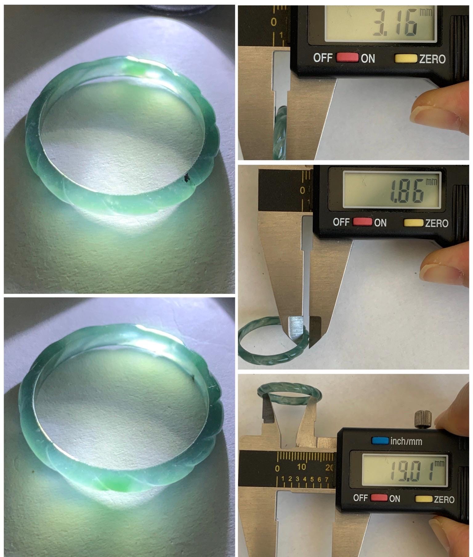 Natural Grade A Guatemalan Icy Highly Translucent Dark Teal Green Jade Jadeite Carved Braid Band Ring Size 9 US 天然冰危深蓝绿翡翠麻花戒圈 MHJ55C