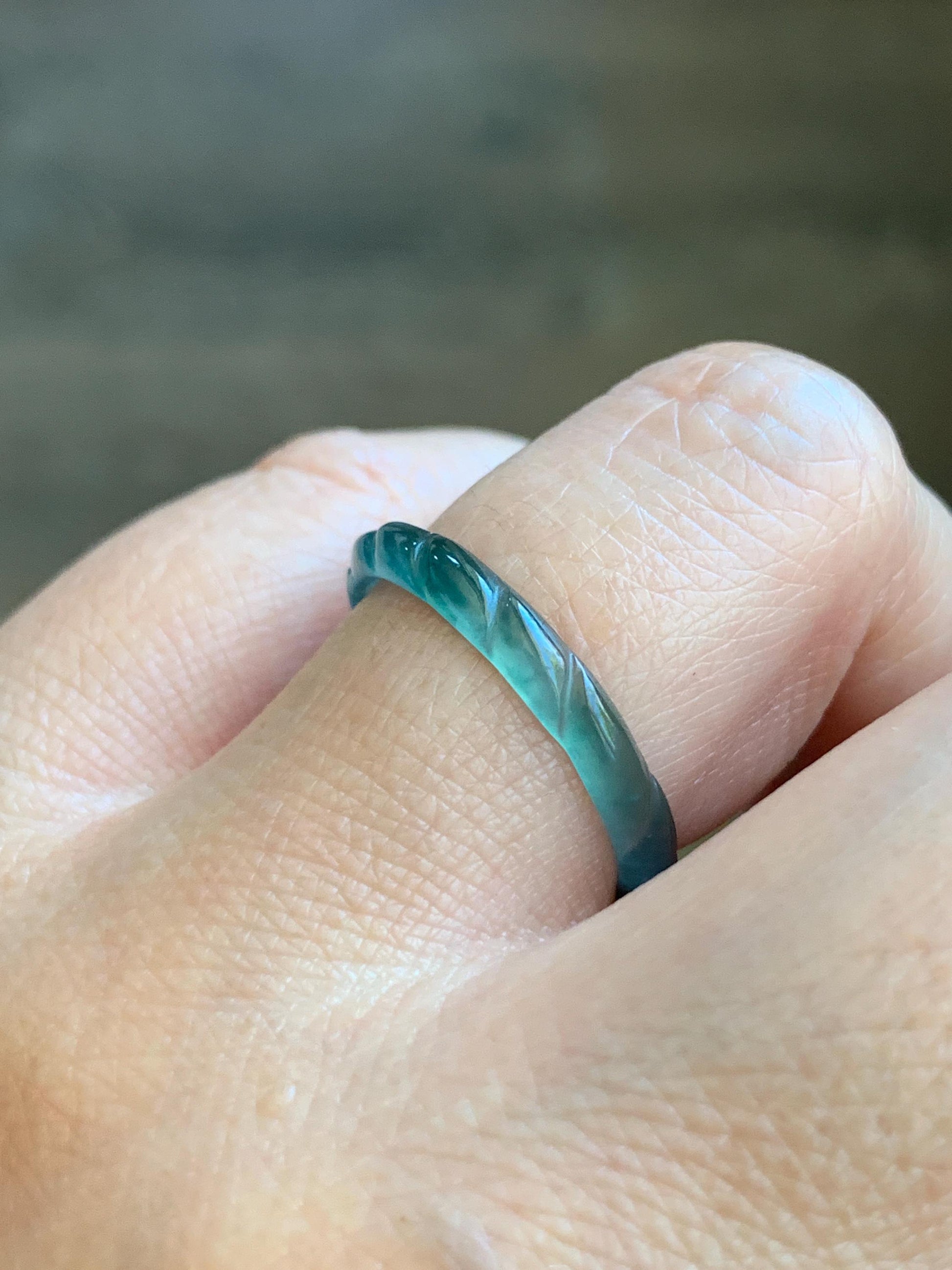 Natural Grade A Guatemalan Icy Highly Translucent Dark Teal Green Jade Jadeite Carved Braid Band Ring Size 9 US 天然冰危深蓝绿翡翠麻花戒圈 MHJ55C