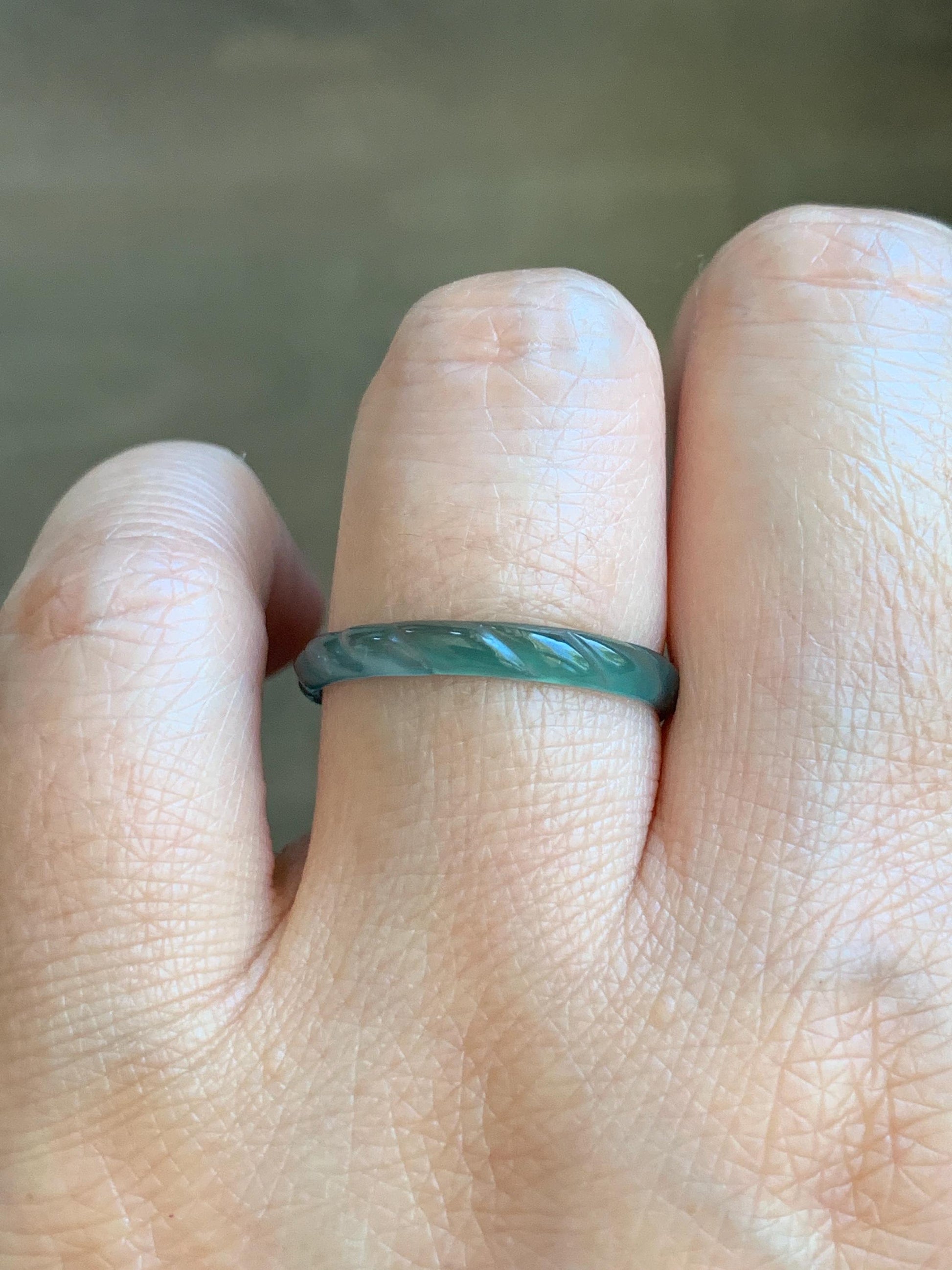 Natural Grade A Guatemalan Icy Highly Translucent Dark Teal Green Jade Jadeite Carved Braid Band Ring Size 9 US 天然冰危深蓝绿翡翠麻花戒圈 MHJ55B