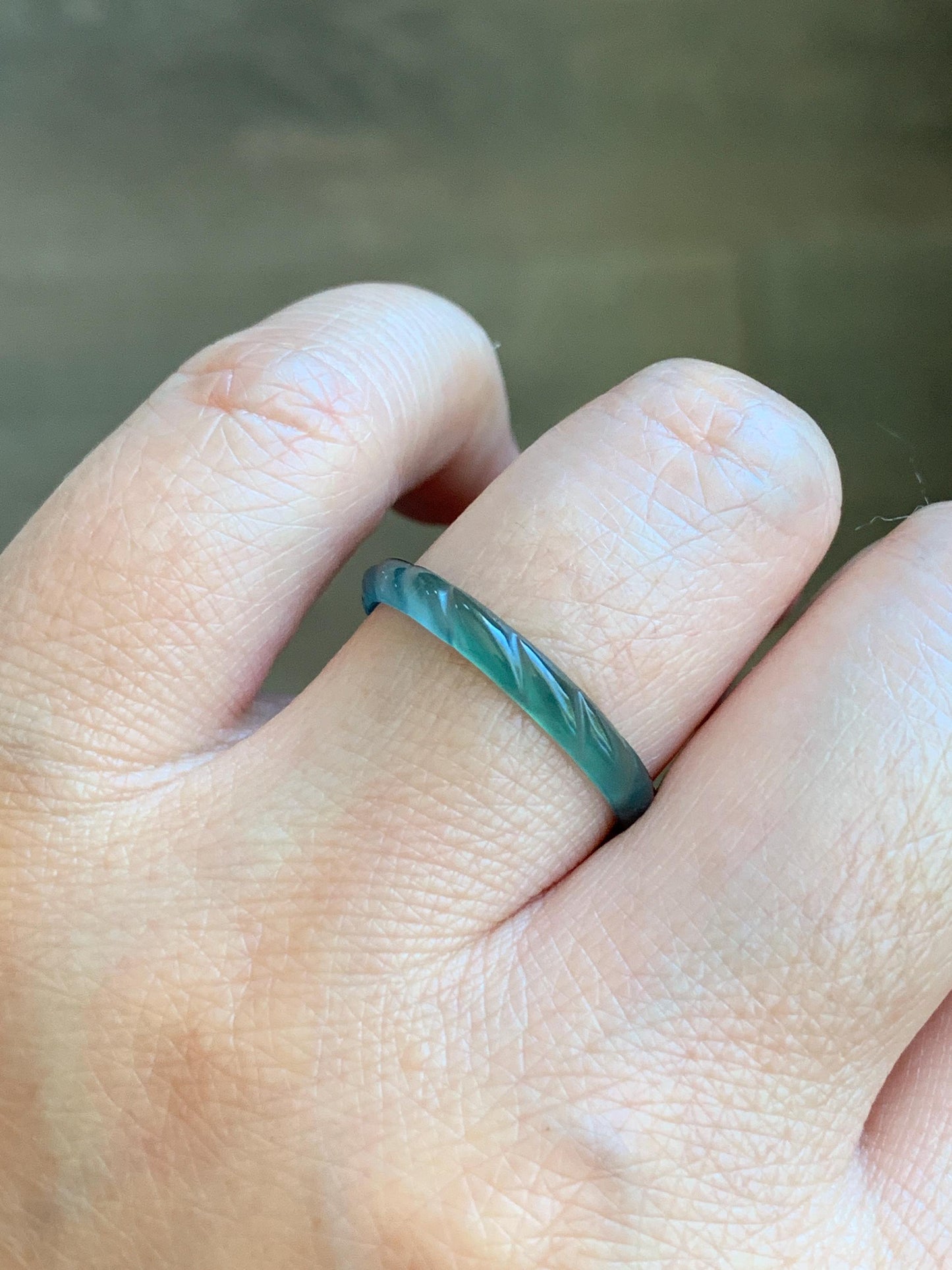 Natural Grade A Guatemalan Icy Highly Translucent Dark Teal Green Jade Jadeite Carved Braid Band Ring Size 9 US 天然冰危深蓝绿翡翠麻花戒圈 MHJ55B