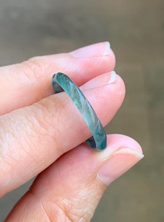 Natural Grade A Guatemalan Icy Highly Translucent Dark Teal Green Jade Jadeite Carved Braid Band Ring Size 9 US 天然冰危深蓝绿翡翠麻花戒圈 MHJ55B