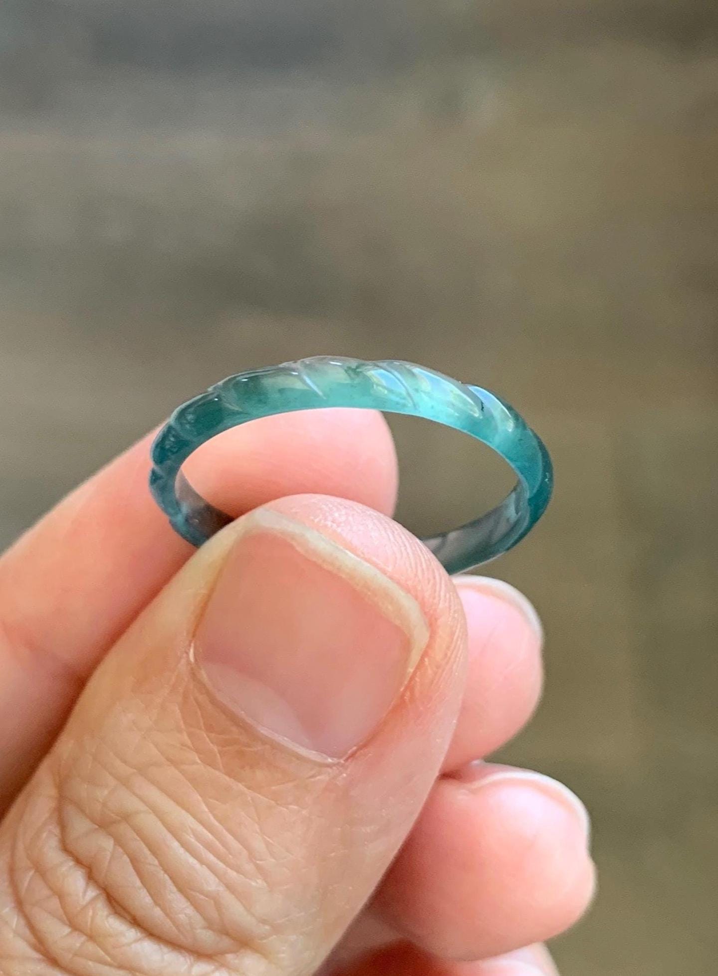 Natural Grade A Guatemalan Icy Highly Translucent Dark Teal Green Jade Jadeite Carved Braid Band Ring Size 9 US 天然冰危深蓝绿翡翠麻花戒圈 MHJ55B