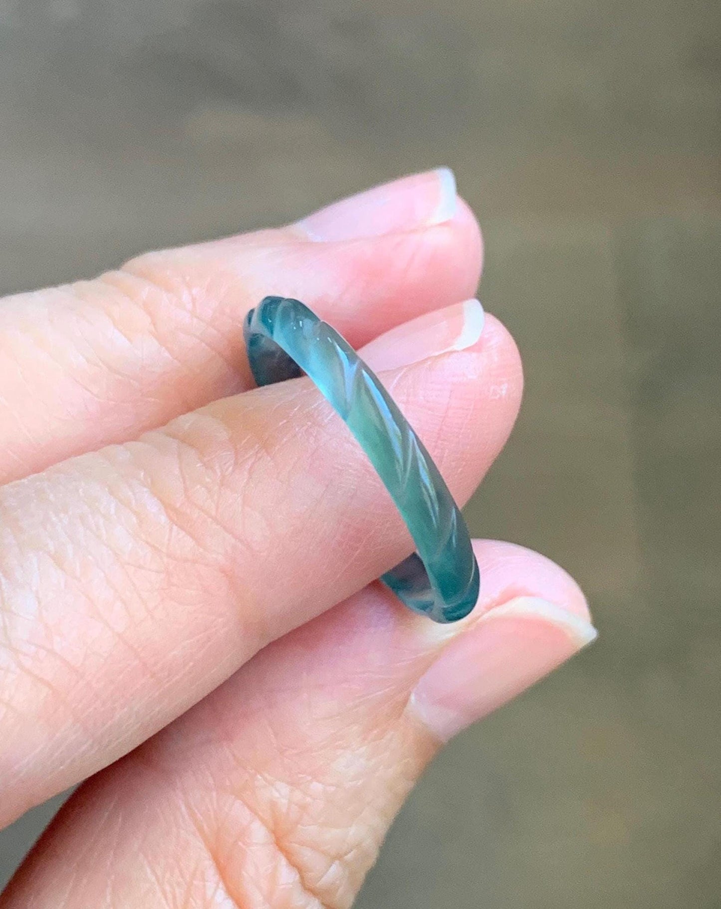 Natural Grade A Guatemalan Icy Highly Translucent Dark Teal Green Jade Jadeite Carved Braid Band Ring Size 9 US 天然冰危深蓝绿翡翠麻花戒圈 MHJ55B