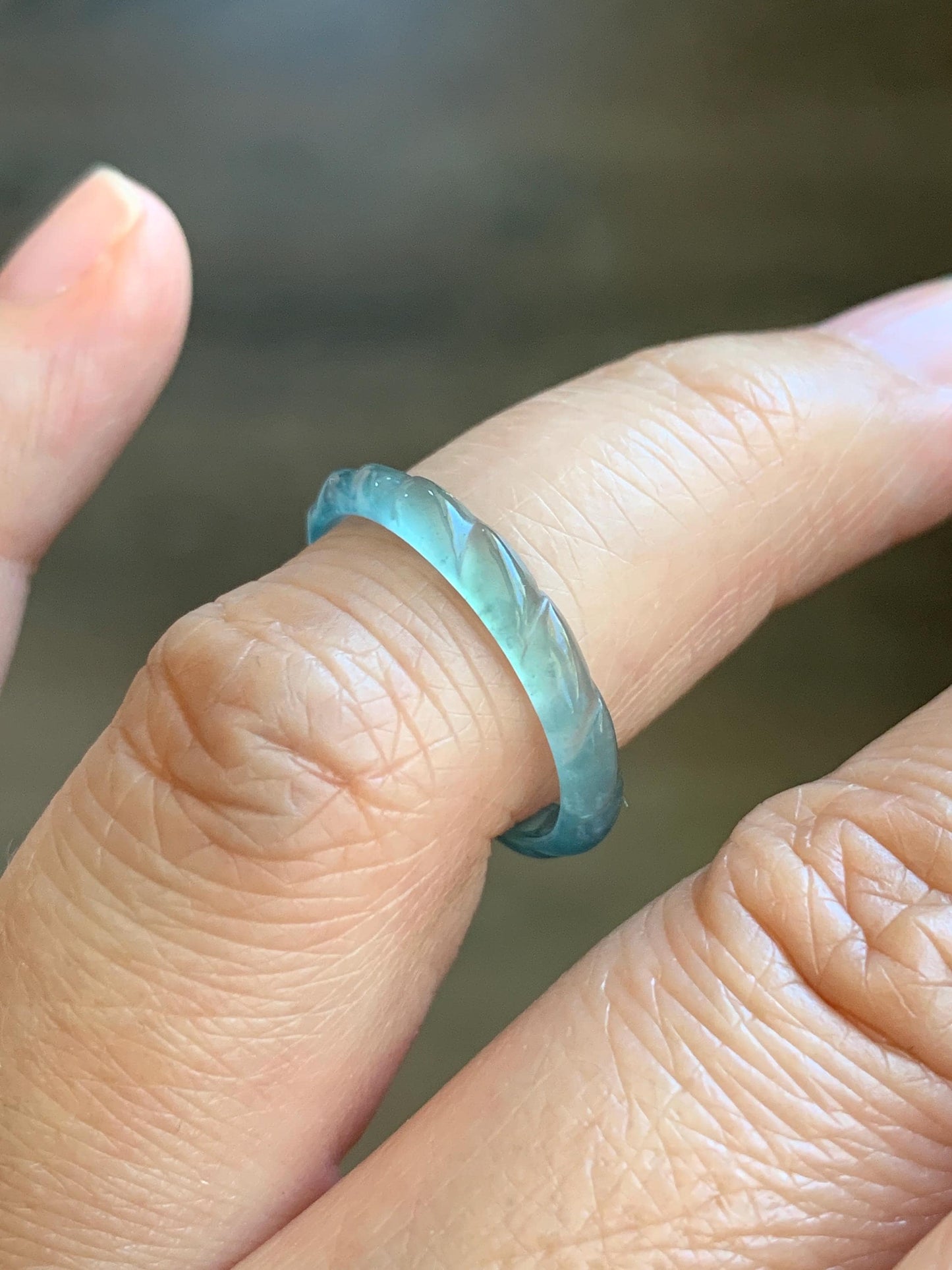 Natural Grade A Guatemalan Icy Highly Translucent Light Teal Green Jade Jadeite Carved Braid Band Ring Size 6.5 US 天然冰危浅蓝绿翡翠麻花戒圈 MHJ55A