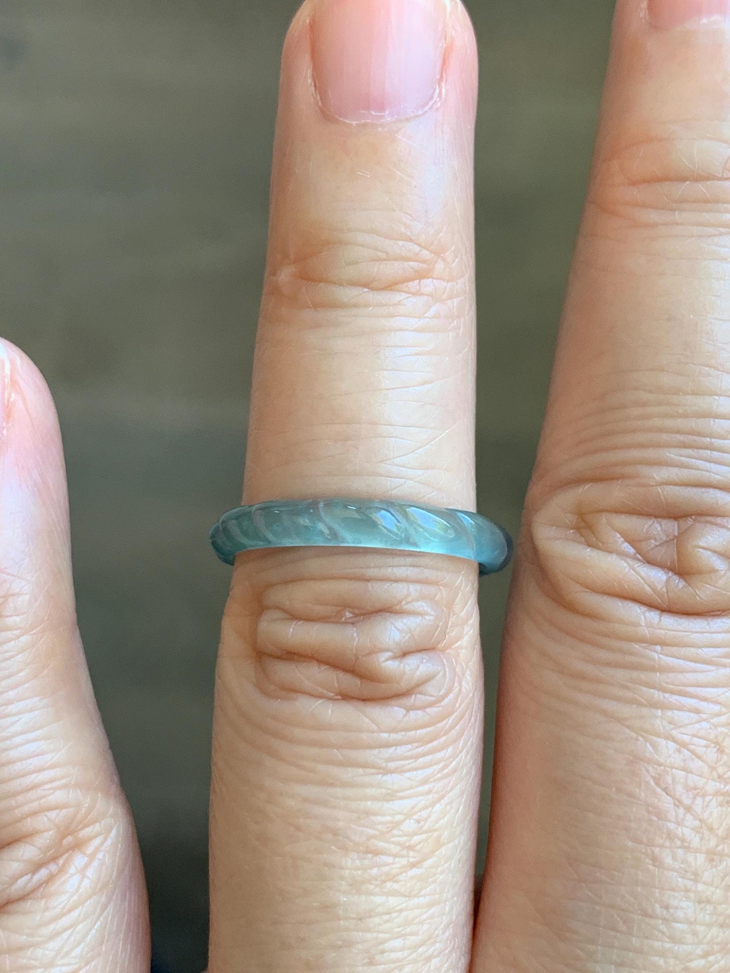 Natural Grade A Guatemalan Icy Highly Translucent Light Teal Green Jade Jadeite Carved Braid Band Ring Size 6.5 US 天然冰危浅蓝绿翡翠麻花戒圈 MHJ55A