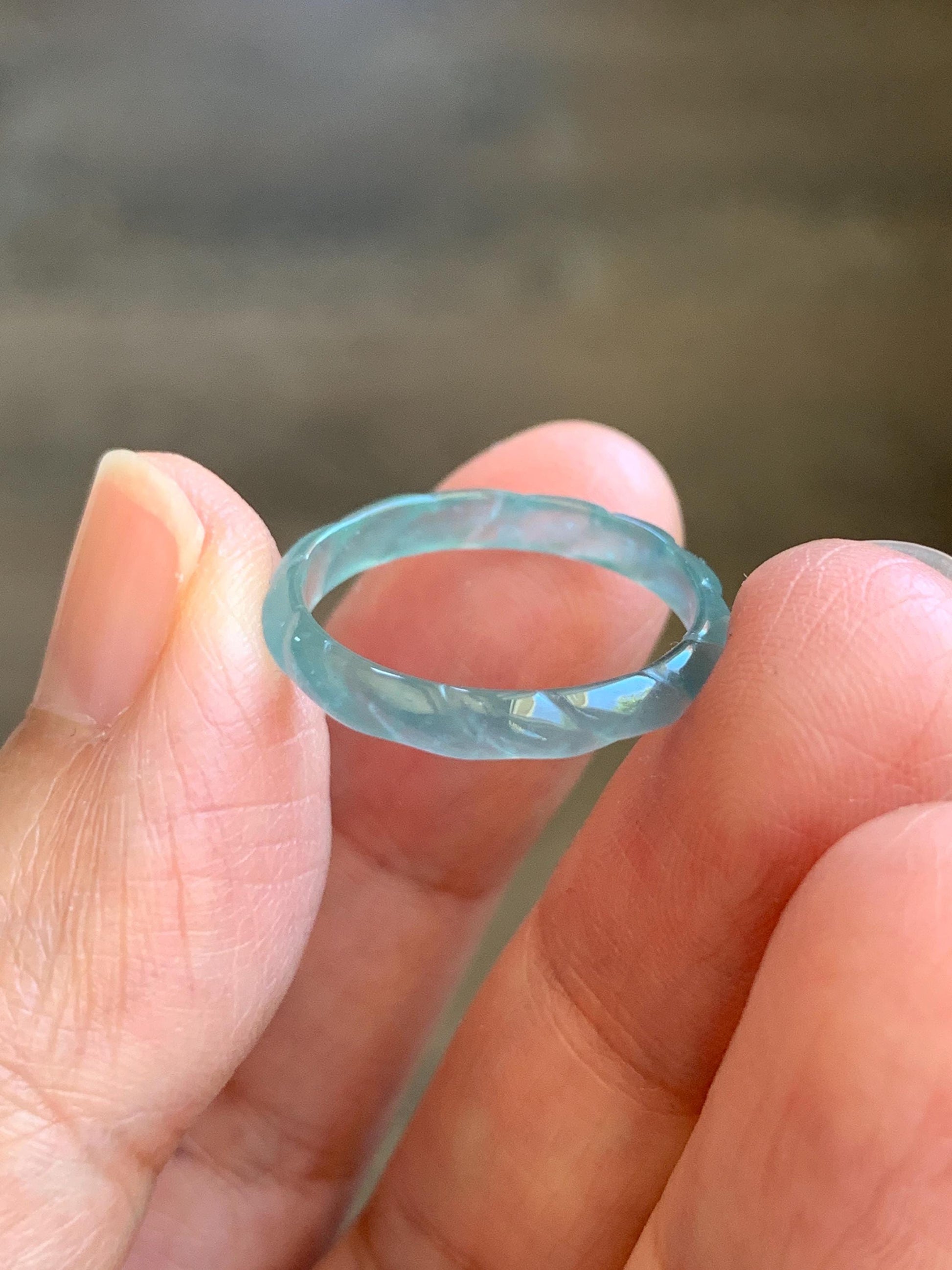 Natural Grade A Guatemalan Icy Highly Translucent Light Teal Green Jade Jadeite Carved Braid Band Ring Size 6.5 US 天然冰危浅蓝绿翡翠麻花戒圈 MHJ55A