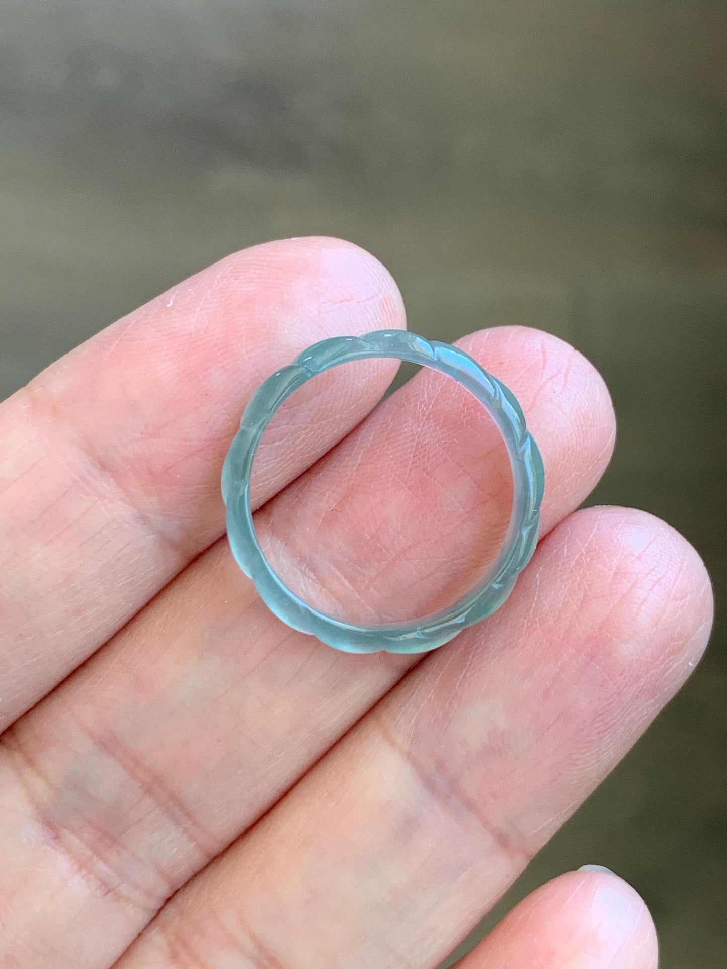 Natural Grade A Guatemalan Icy Highly Translucent Light Teal Green Jade Jadeite Carved Braid Band Ring Size 6.5 US 天然冰危浅蓝绿翡翠麻花戒圈 MHJ55A