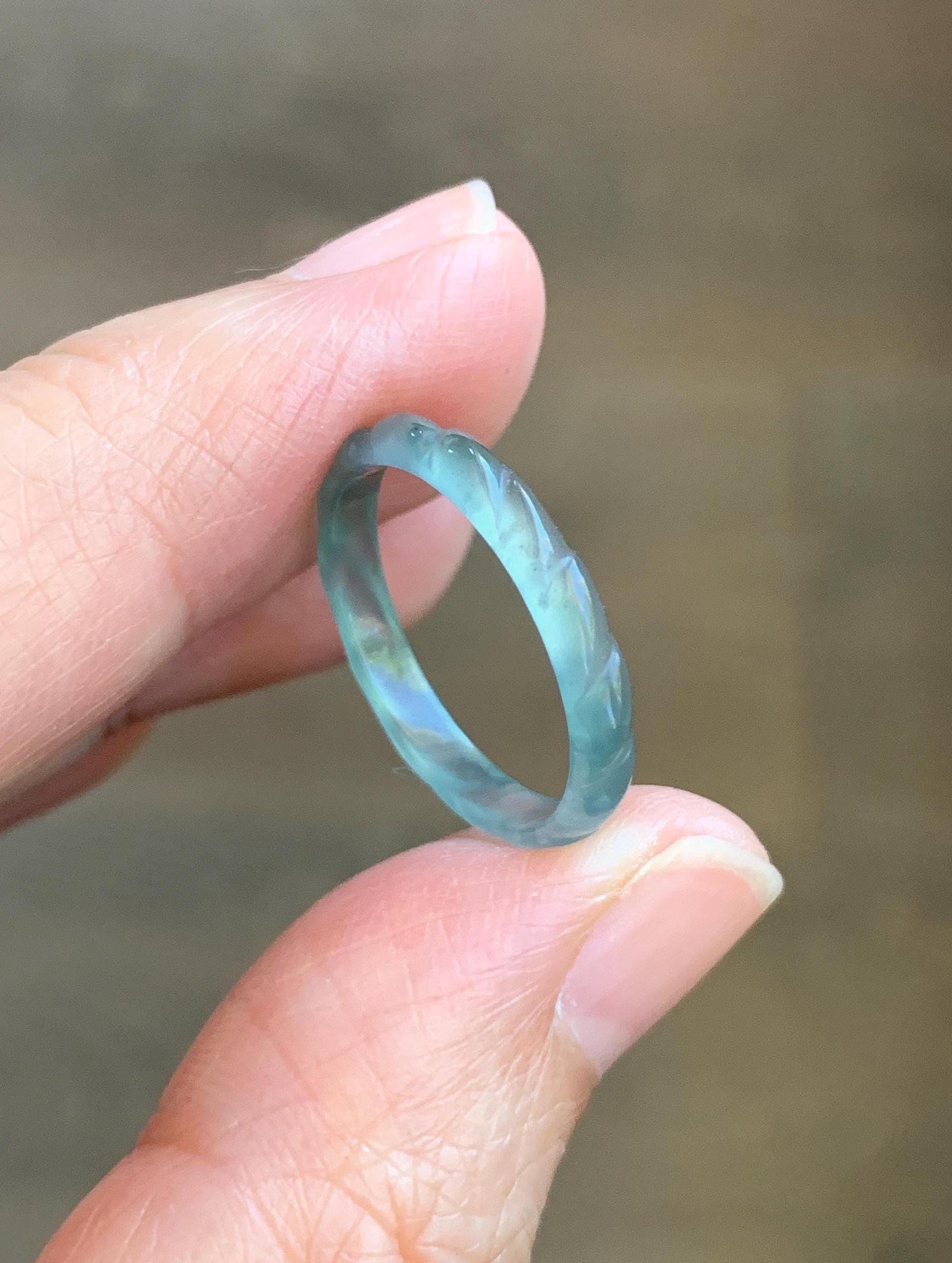 Natural Grade A Guatemalan Icy Highly Translucent Light Teal Green Jade Jadeite Carved Braid Band Ring Size 6.5 US 天然冰危浅蓝绿翡翠麻花戒圈 MHJ55A