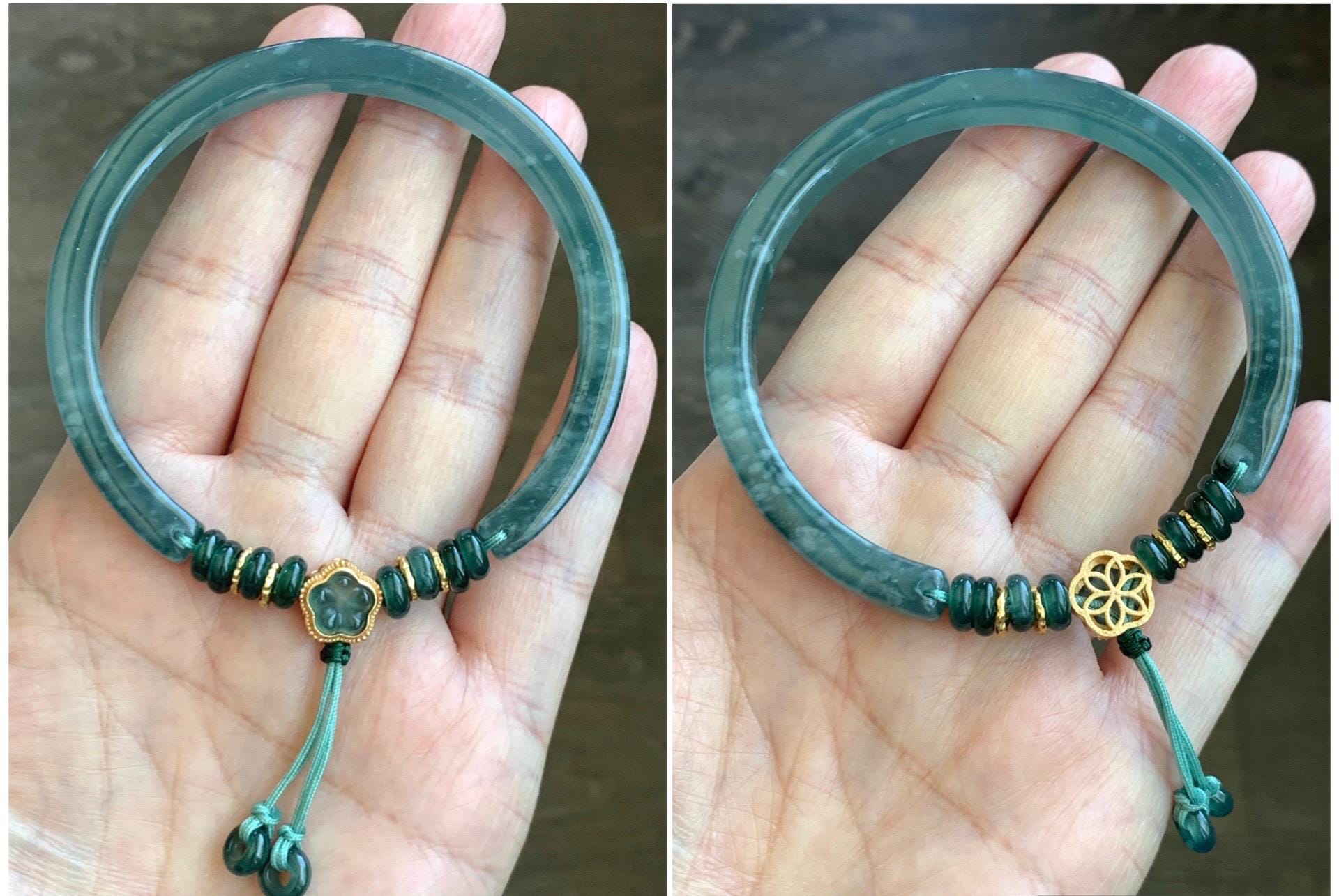 Natural Grade A Guatemalan Icy Translucent Teal Blue Jade Jadeite Open Bangle Bracelet Sterling Silver Charms 60.8mm 24g 天然冰胶危深蓝绿翡翠半镯 WSL249