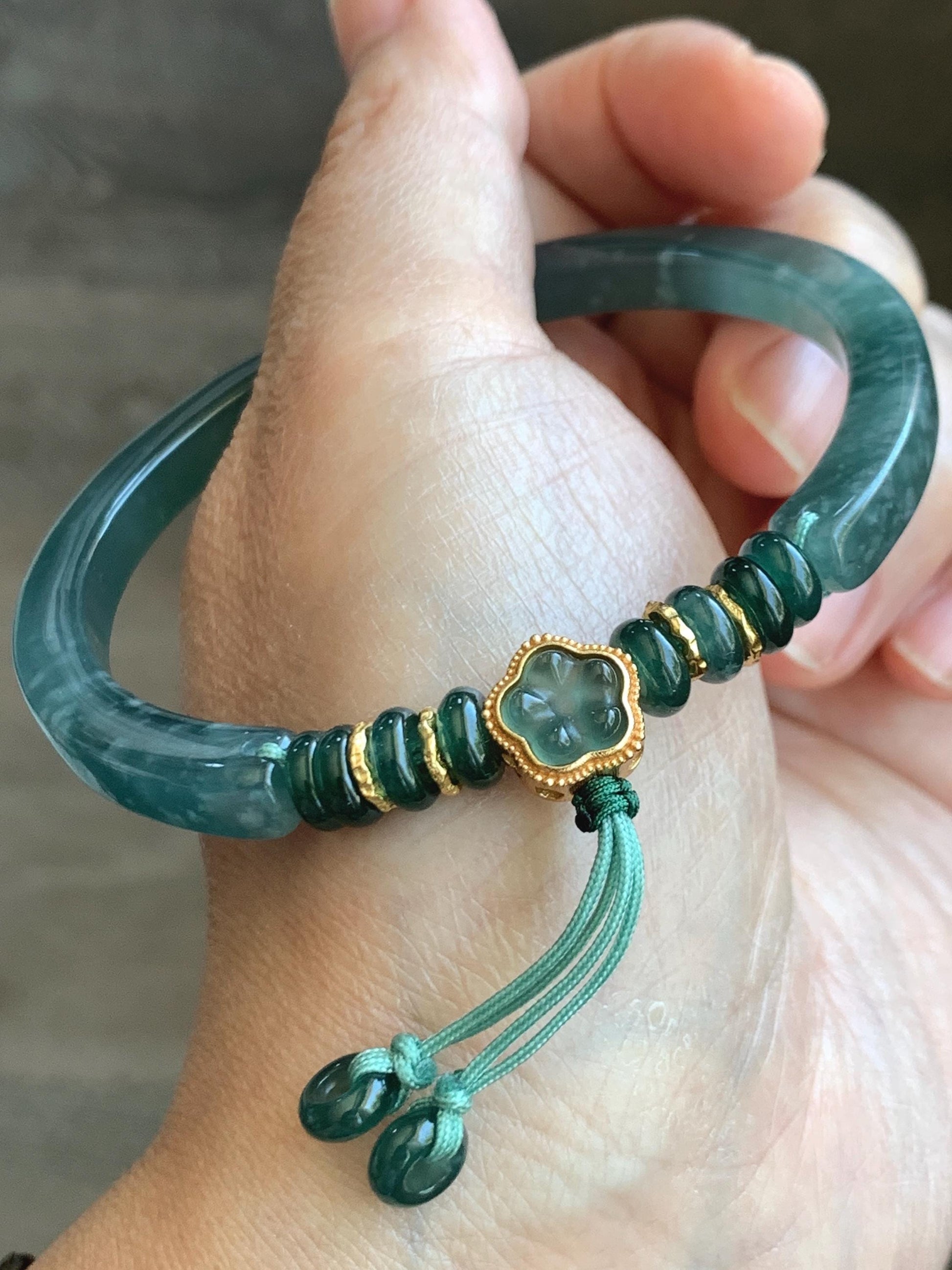 Natural Grade A Guatemalan Icy Translucent Teal Blue Jade Jadeite Open Bangle Bracelet Sterling Silver Charms 60.8mm 24g 天然冰胶危深蓝绿翡翠半镯 WSL249