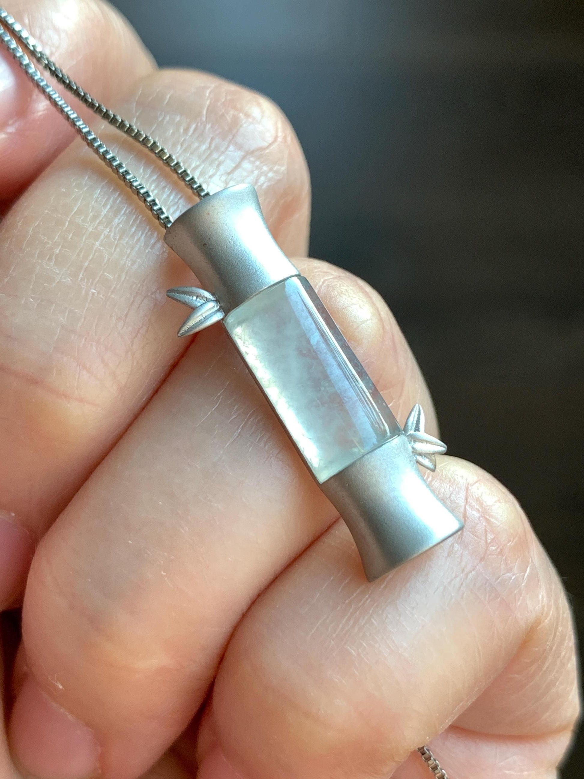 Certified Natural Grade A Icy Highly Translucent Gelatinous White Jadeite Bamboo Stalk Pendant Sterling Silver 4.84g 天然白冰胶翡翠竹节手工镶嵌吊坠 7059