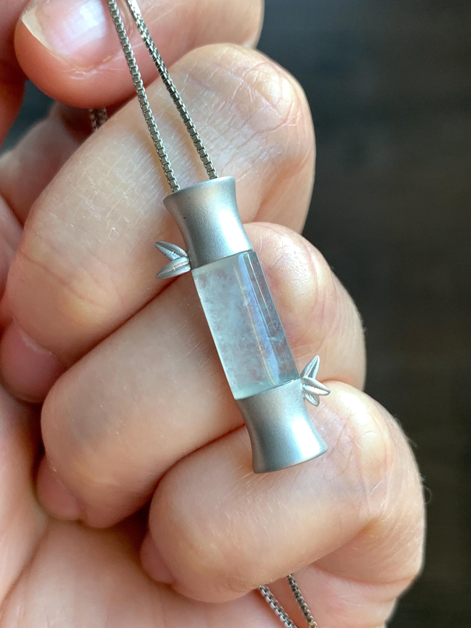 Certified Natural Grade A Icy Highly Translucent Gelatinous White Jadeite Bamboo Stalk Pendant Sterling Silver 4.84g 天然白冰胶翡翠竹节手工镶嵌吊坠 7059