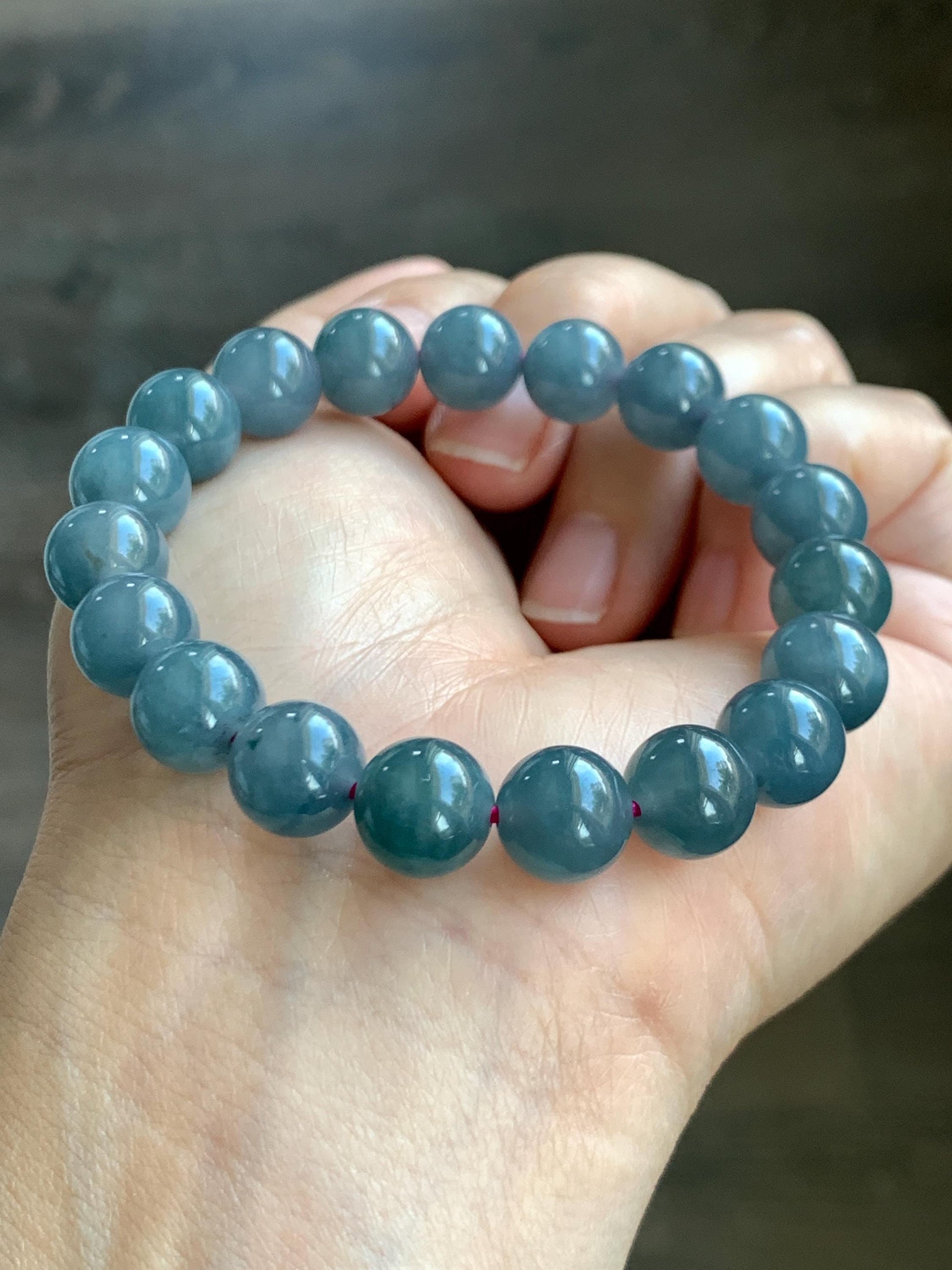 Natural Guatemalan Icy Translucent Gelatinous Dark Dusty Blue Jade Jadeite Beaded Bracelet Stretchy 6.75” 9.6mm 30g 天然冰胶危深烟灰紫翡翠圆珠手串 WLZ330