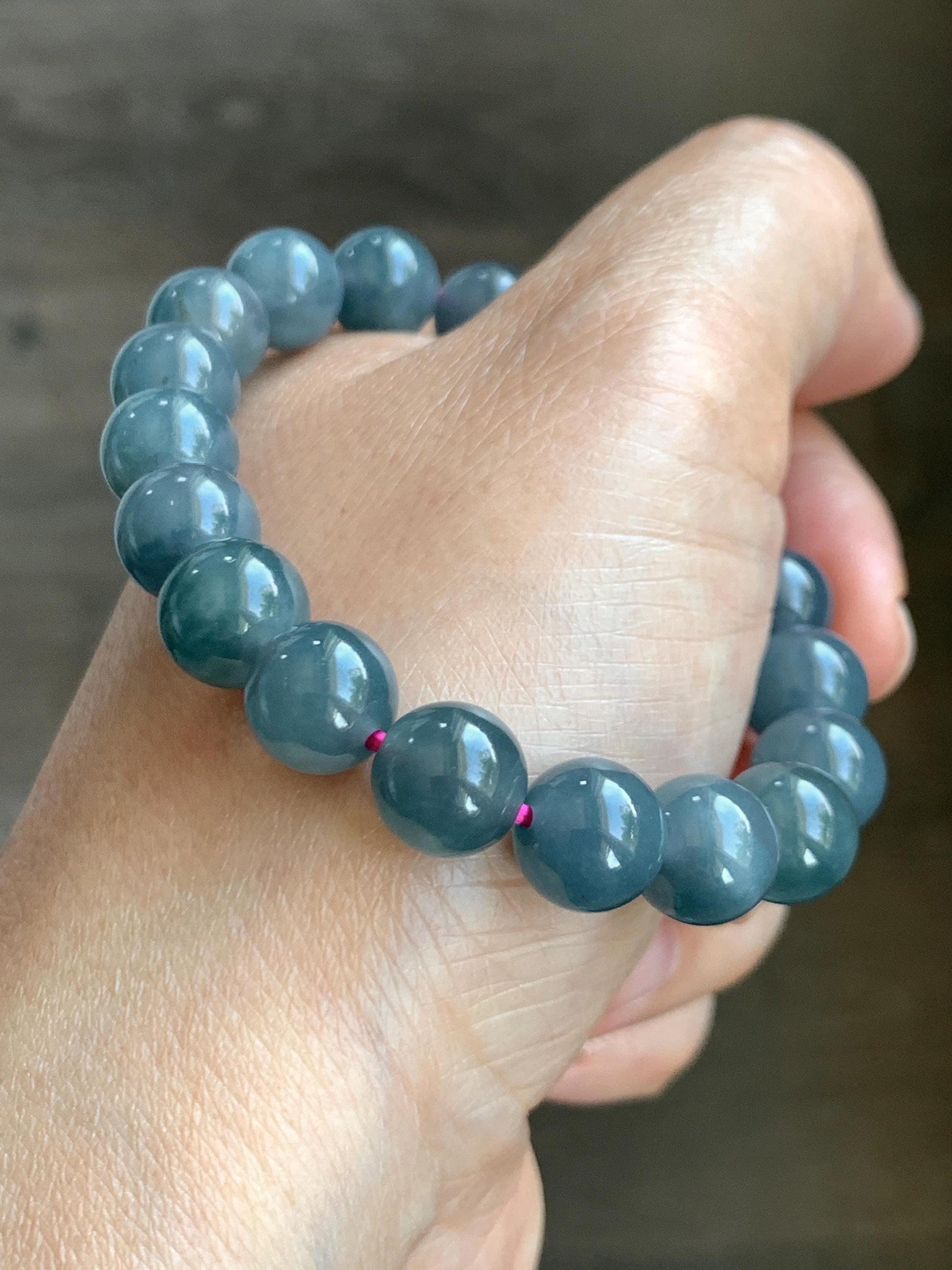 Natural Guatemalan Icy Translucent Gelatinous Dark Dusty Blue Jade Jadeite Beaded Bracelet Stretchy 6.75” 9.6mm 30g 天然冰胶危深烟灰紫翡翠圆珠手串 WLZ330