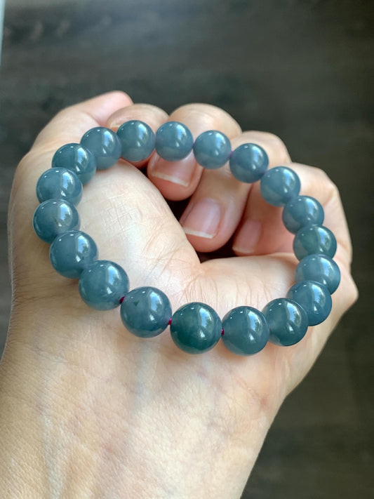Natural Guatemalan Icy Translucent Gelatinous Dark Dusty Blue Jade Jadeite Beaded Bracelet Stretchy 6.75” 9.6mm 30g 天然冰胶危深烟灰紫翡翠圆珠手串 WLZ330