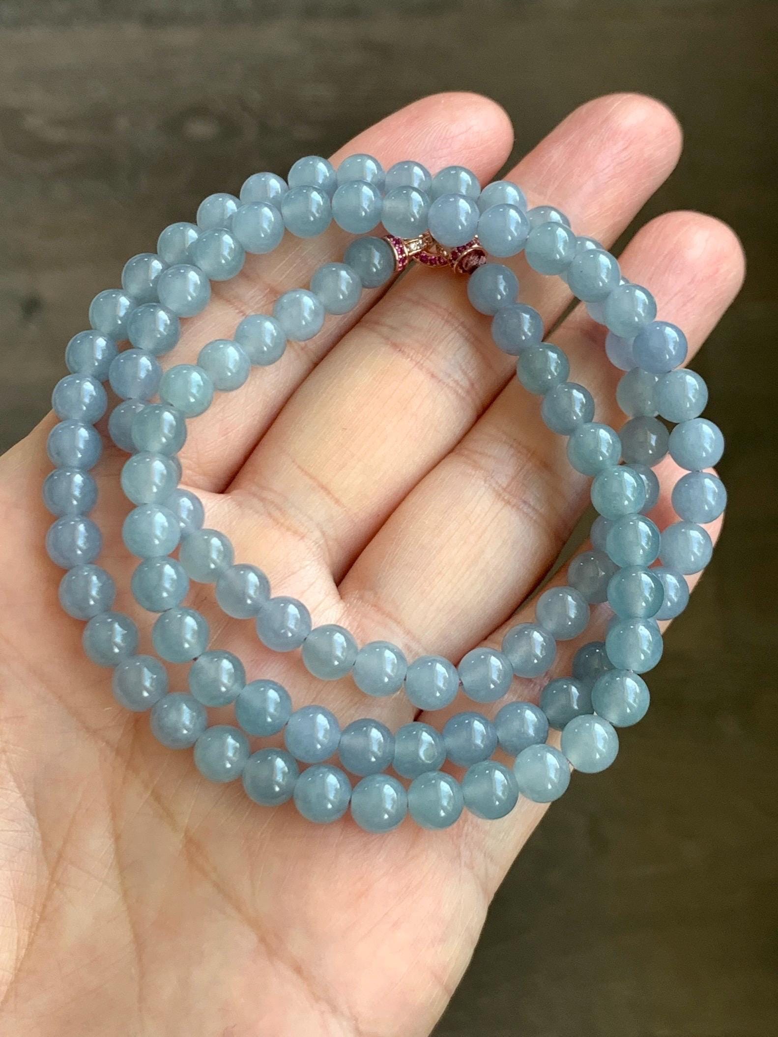 Certified Grade A Natural Guatemalan Icy Highly Translucent Light Pastel Blue Jadeite Beaded Necklace 21.5” 33.22g 天然高冰起光淡蓝紫翡翠圆珠长串项链 7819