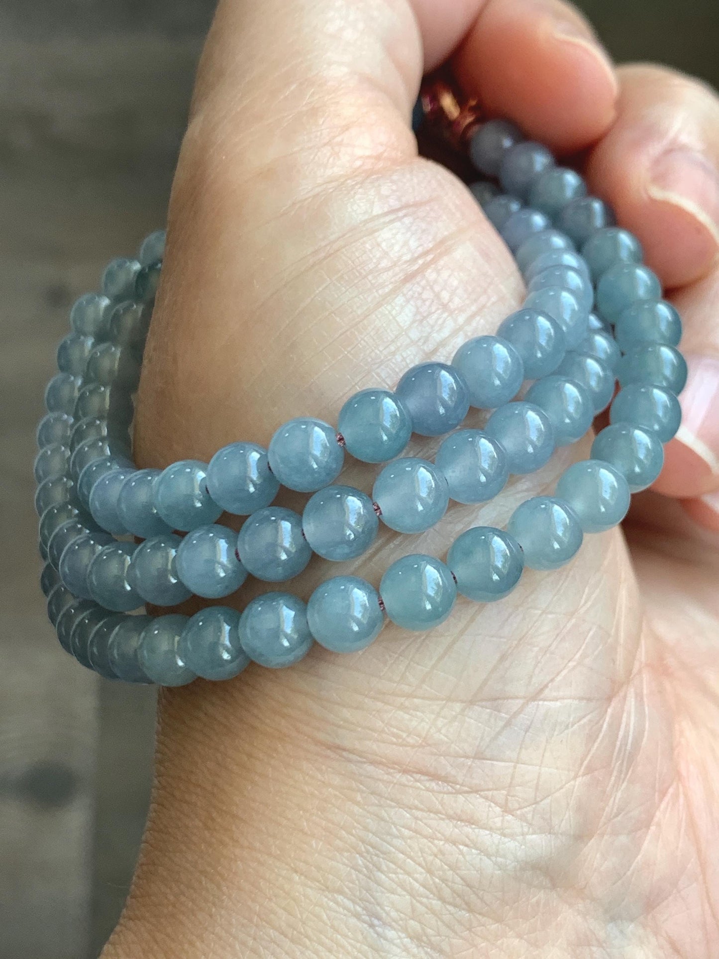 Certified Grade A Natural Guatemalan Icy Highly Translucent Light Pastel Blue Jadeite Beaded Necklace 21.5” 33.22g 天然高冰起光淡蓝紫翡翠圆珠长串项链 7819