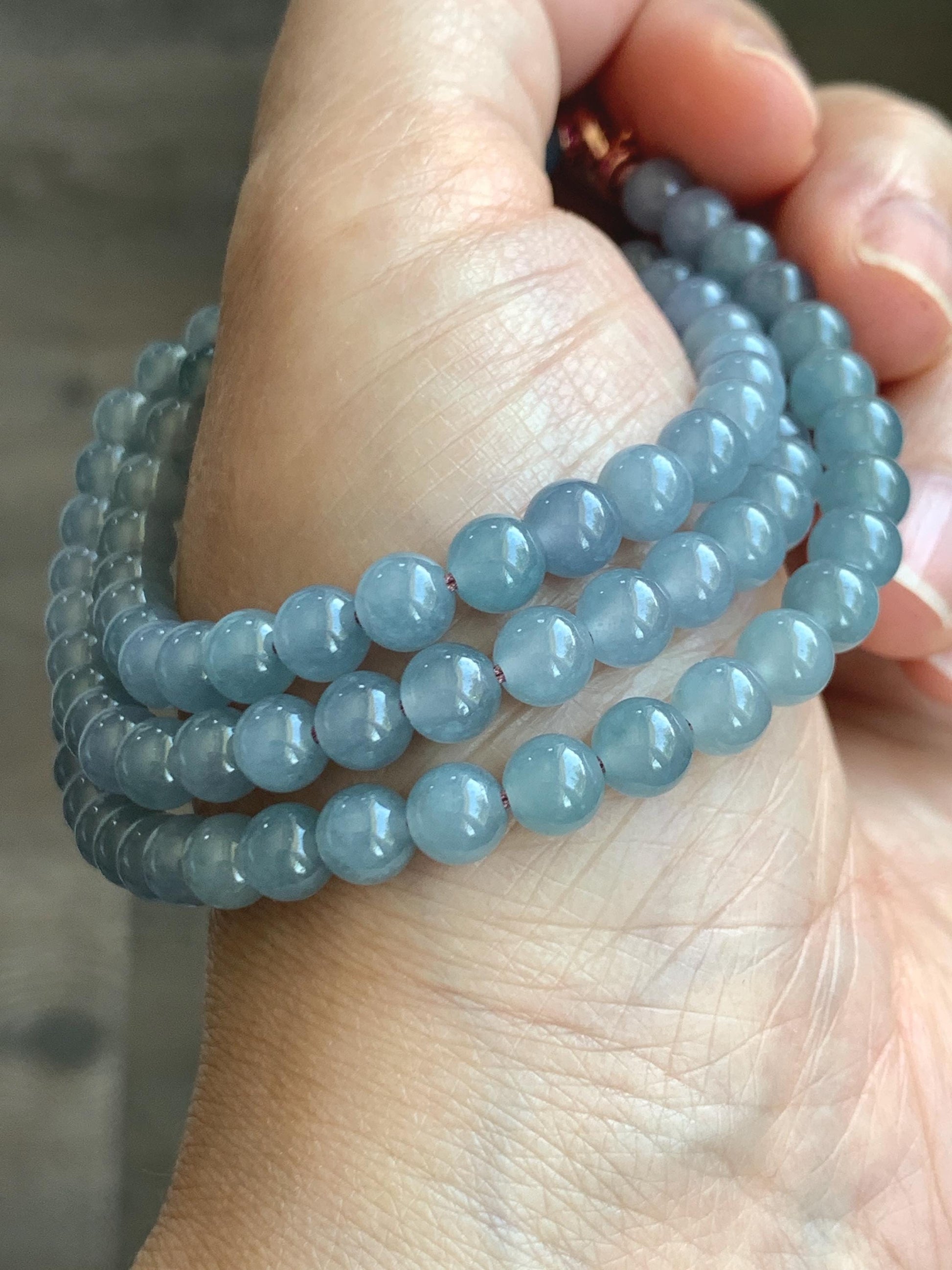Certified Grade A Natural Guatemalan Icy Highly Translucent Light Pastel Blue Jadeite Beaded Necklace 21.5” 33.22g 天然高冰起光淡蓝紫翡翠圆珠长串项链 7819