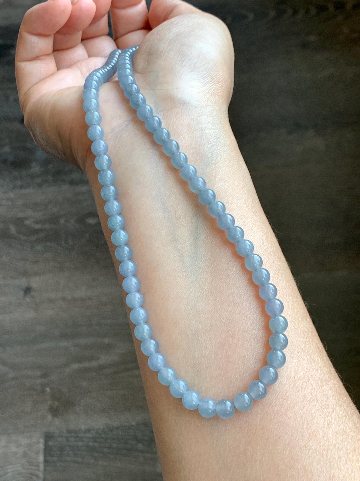 Certified Grade A Natural Guatemalan Icy Highly Translucent Light Pastel Blue Jadeite Beaded Necklace 21.5” 33.22g 天然高冰起光淡蓝紫翡翠圆珠长串项链 7819