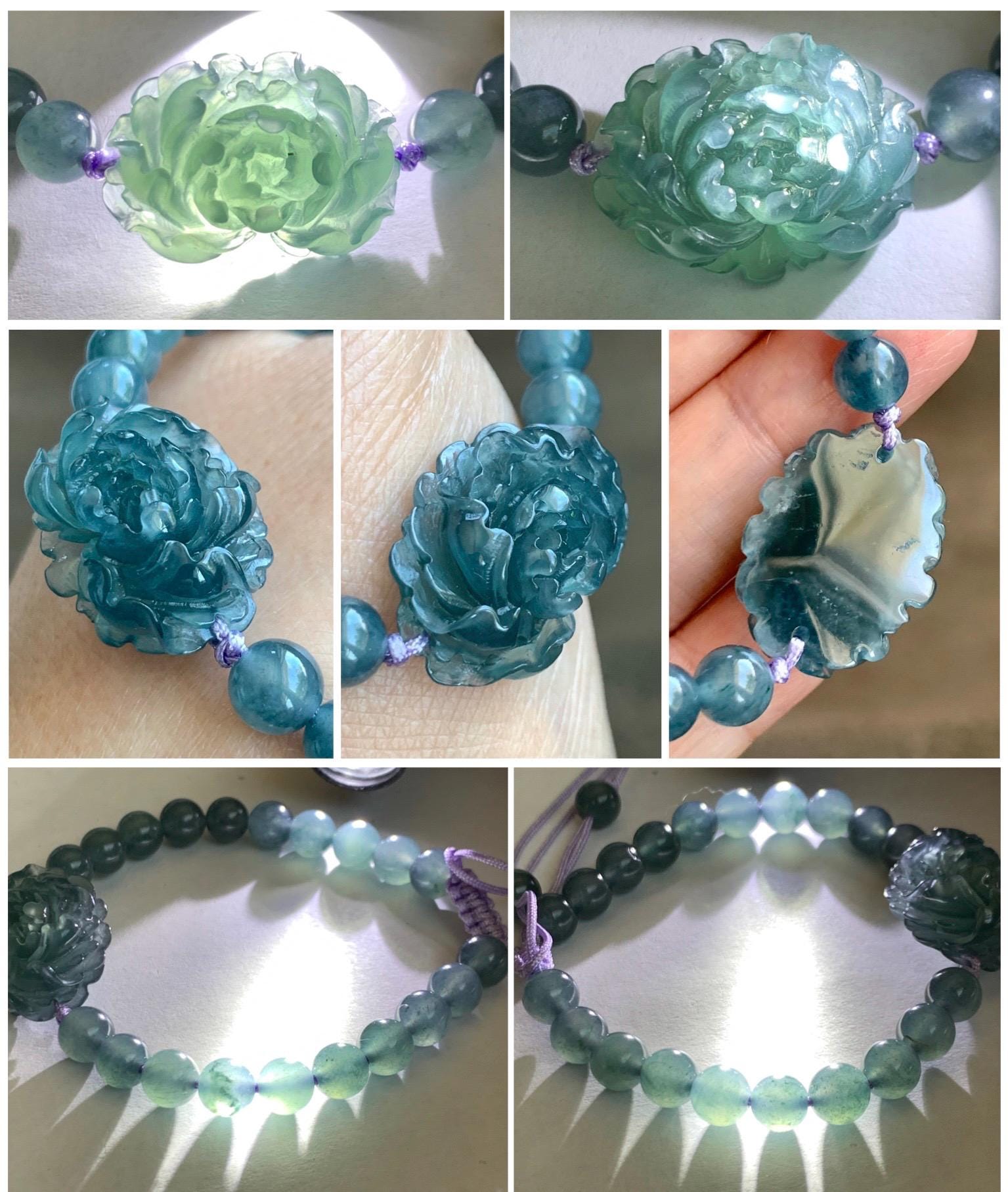 Certified Grade A Natural Guatemalan Icy Translucent Gelatinous Aegean Blue Jadeite Peony Flower Beaded Bracelet 6.75” 天然冰危蓝翡翠牡丹花圆珠手串 1516