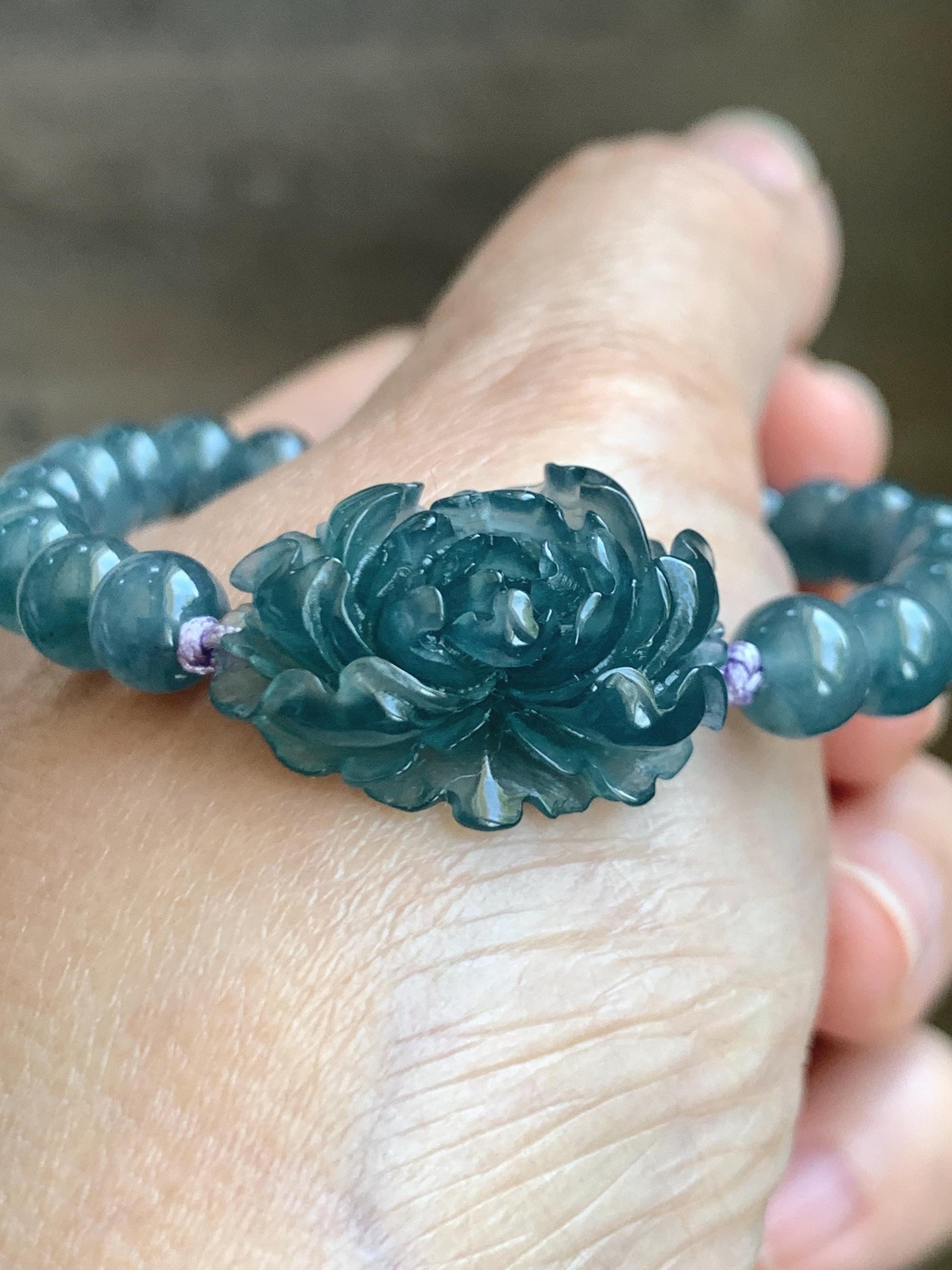 Certified Grade A Natural Guatemalan Icy Translucent Gelatinous Aegean Blue Jadeite Peony Flower Beaded Bracelet 6.75” 天然冰危蓝翡翠牡丹花圆珠手串 1516