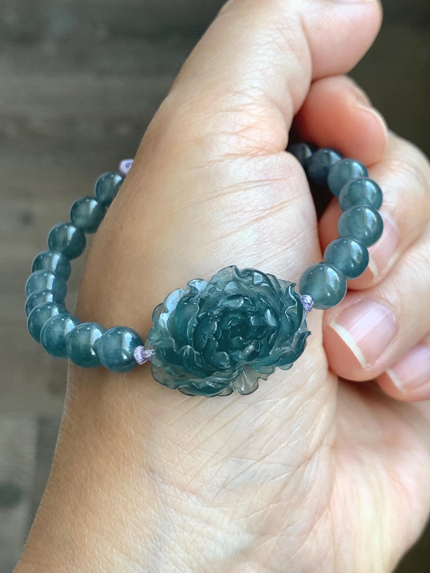Certified Grade A Natural Guatemalan Icy Translucent Gelatinous Aegean Blue Jadeite Peony Flower Beaded Bracelet 6.75” 天然冰危蓝翡翠牡丹花圆珠手串 1516