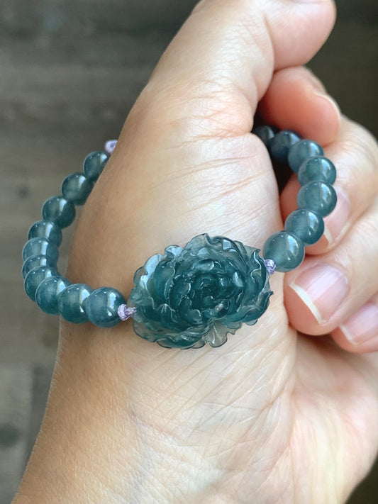 Certified Grade A Natural Guatemalan Icy Translucent Gelatinous Aegean Blue Jadeite Peony Flower Beaded Bracelet 6.75” 天然冰危蓝翡翠牡丹花圆珠手串 1516