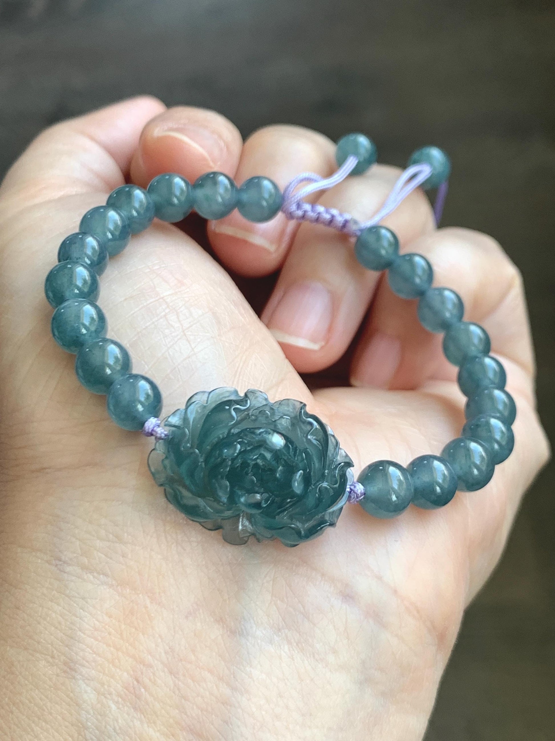 Certified Grade A Natural Guatemalan Icy Translucent Gelatinous Aegean Blue Jadeite Peony Flower Beaded Bracelet 6.75” 天然冰危蓝翡翠牡丹花圆珠手串 1516