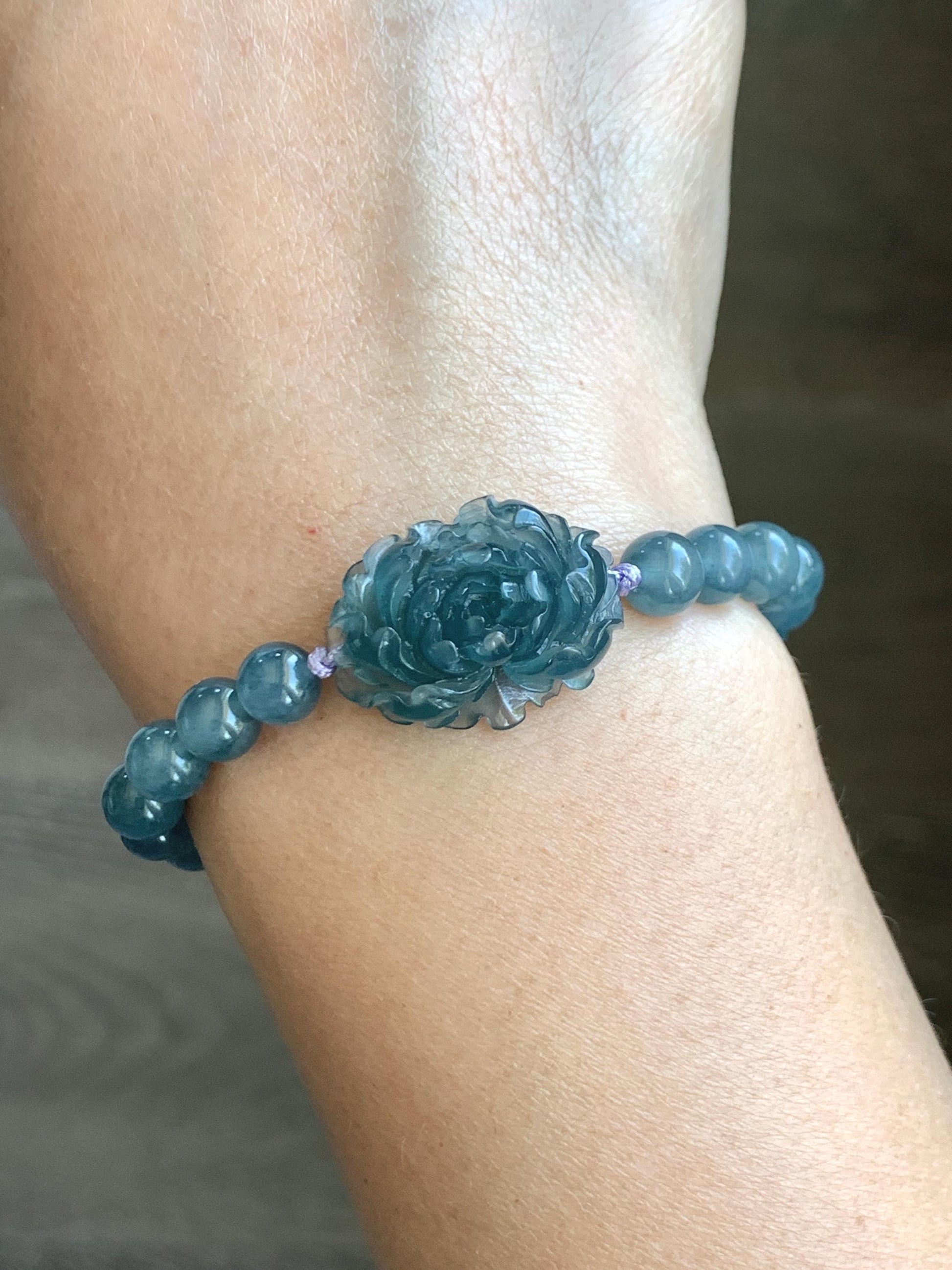 Certified Grade A Natural Guatemalan Icy Translucent Gelatinous Aegean Blue Jadeite Peony Flower Beaded Bracelet 6.75” 天然冰危蓝翡翠牡丹花圆珠手串 1516