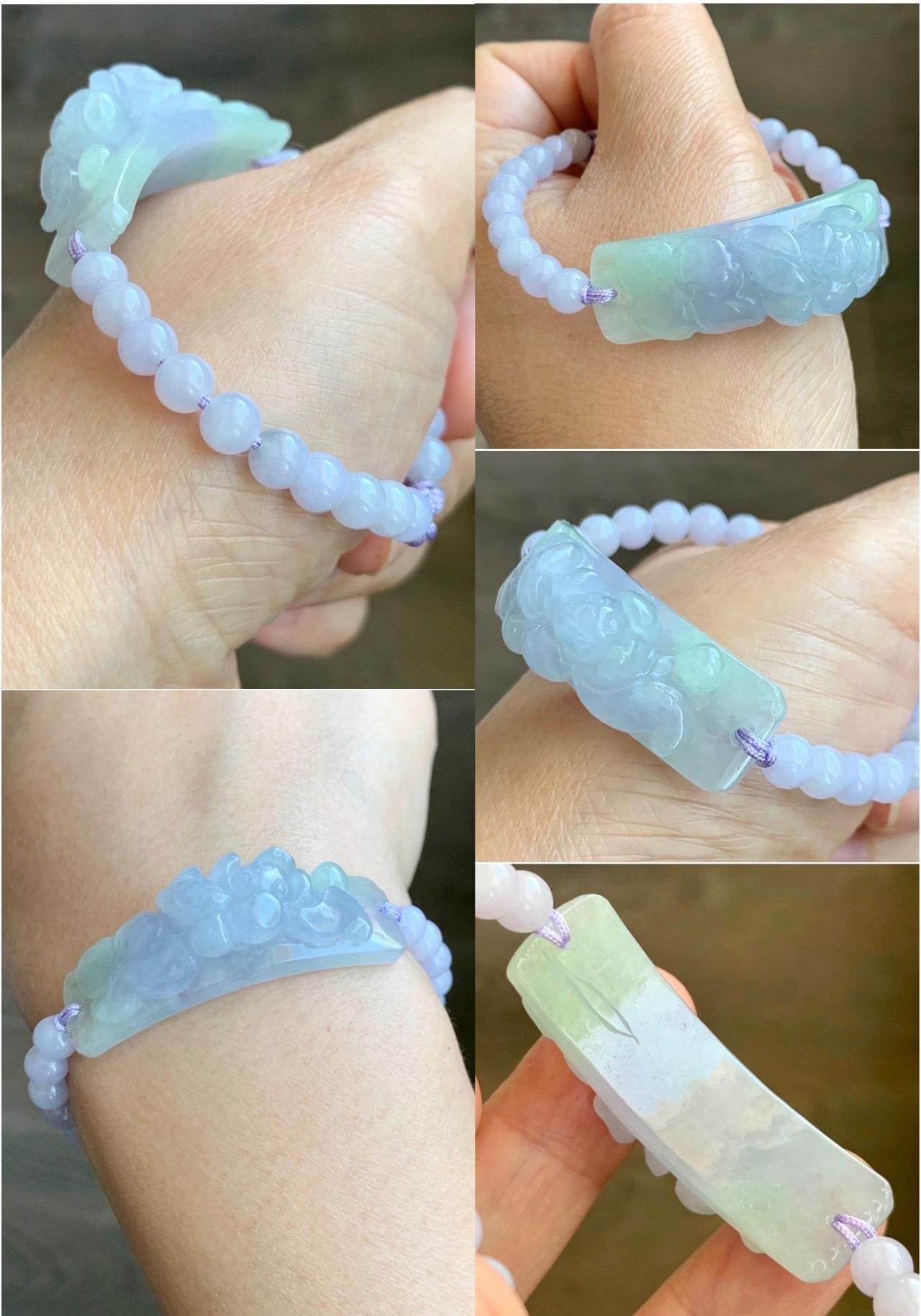 Certified Natural Grade A Icy Translucent Pastel Spring Colored Jadeite Carved Lotus Flower Cuff Beaded Bracelet 6.75” 天然冰胶春彩翡翠莲花手牌手串 0350