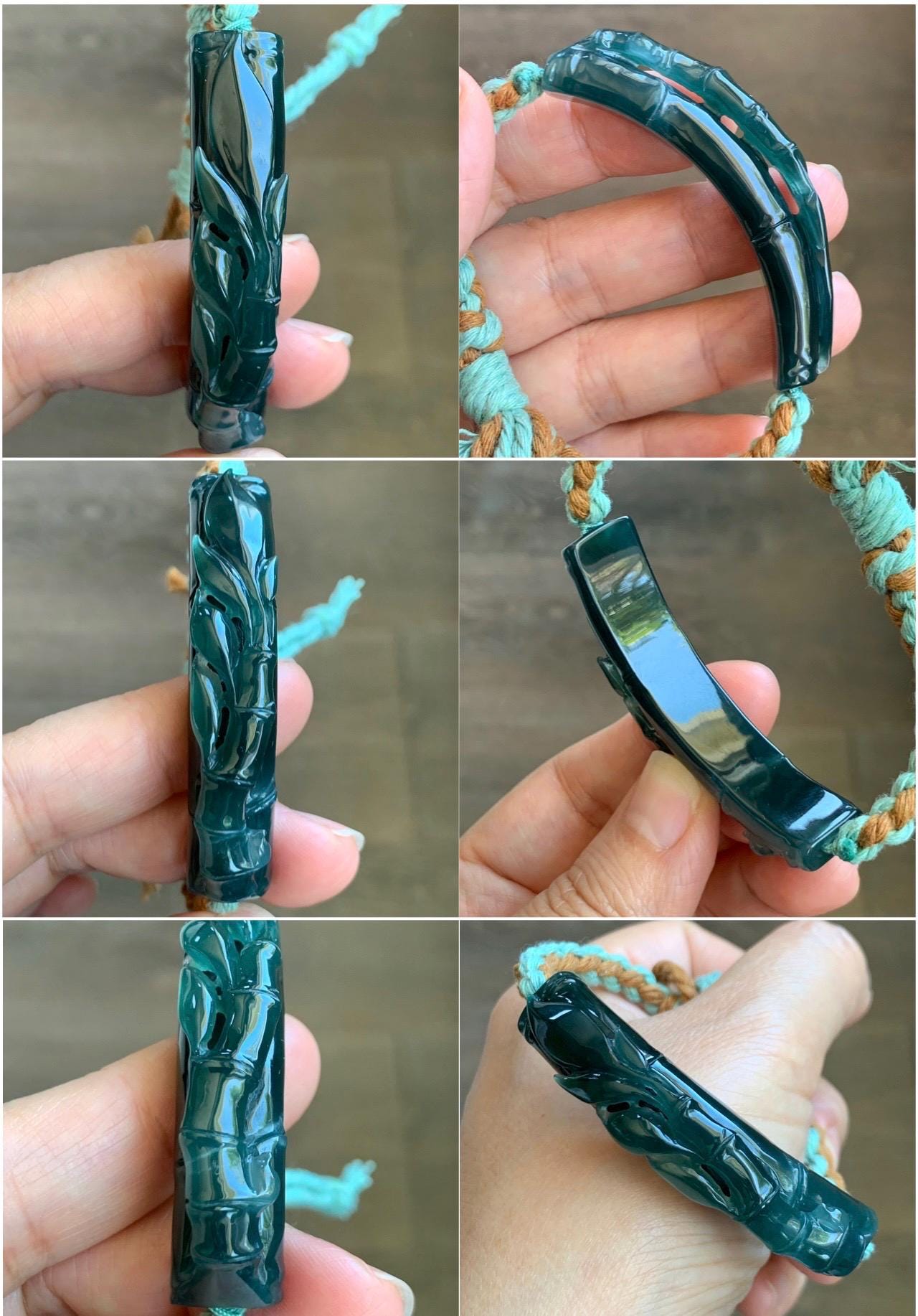 Natural Grade A Guatemalan Icy Translucent Gelatinous Dark Teal Green Jadeite Bamboo Cuff Rope Bracelet 7” 23g 天然冰胶老种危湖水绿翡翠竹节手牌手绳 ZJS255