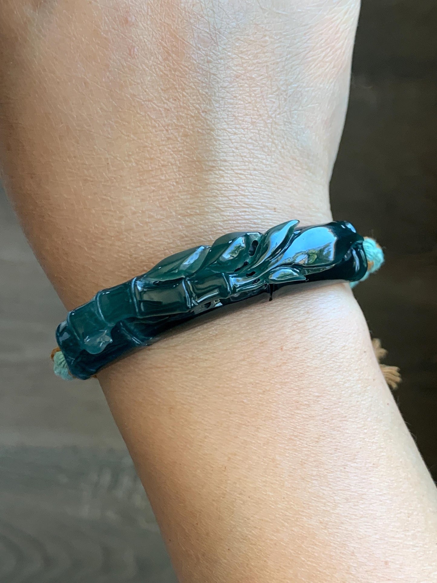 Natural Grade A Guatemalan Icy Translucent Gelatinous Dark Teal Green Jadeite Bamboo Cuff Rope Bracelet 7” 23g 天然冰胶老种危湖水绿翡翠竹节手牌手绳 ZJS255