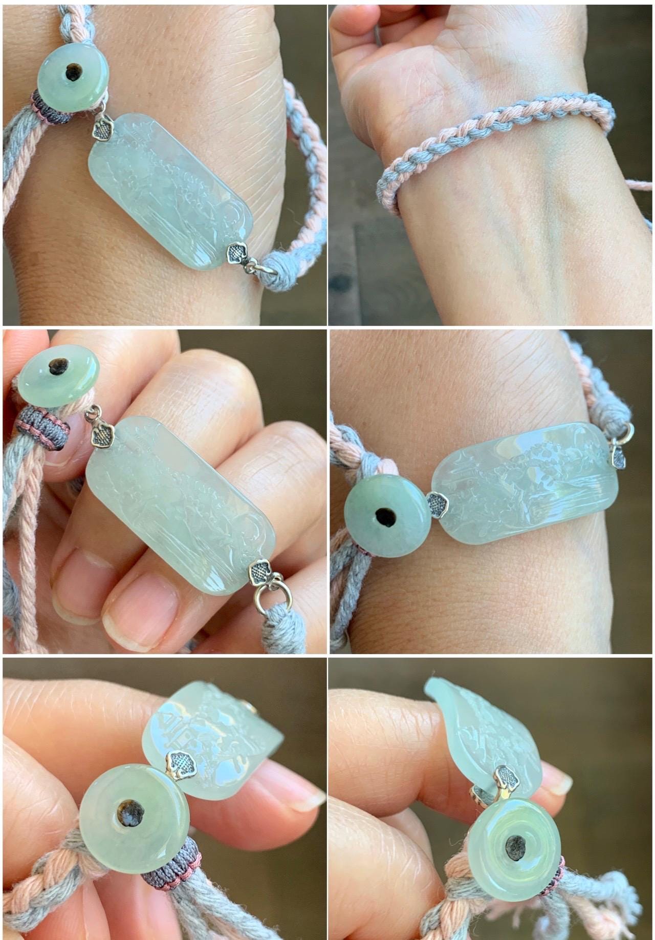 Natural Grade A Icy Highly Translucent Gelatinous Pastel Green Jadeite Shan Shui Landscape Cuff Rope Bracelet 7” 7g 天然冰胶老种晴底翡翠山水手牌手绳 SSB305