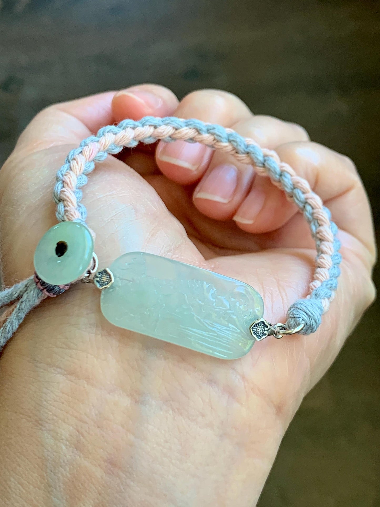 Natural Grade A Icy Highly Translucent Gelatinous Pastel Green Jadeite Shan Shui Landscape Cuff Rope Bracelet 7” 7g 天然冰胶老种晴底翡翠山水手牌手绳 SSB305