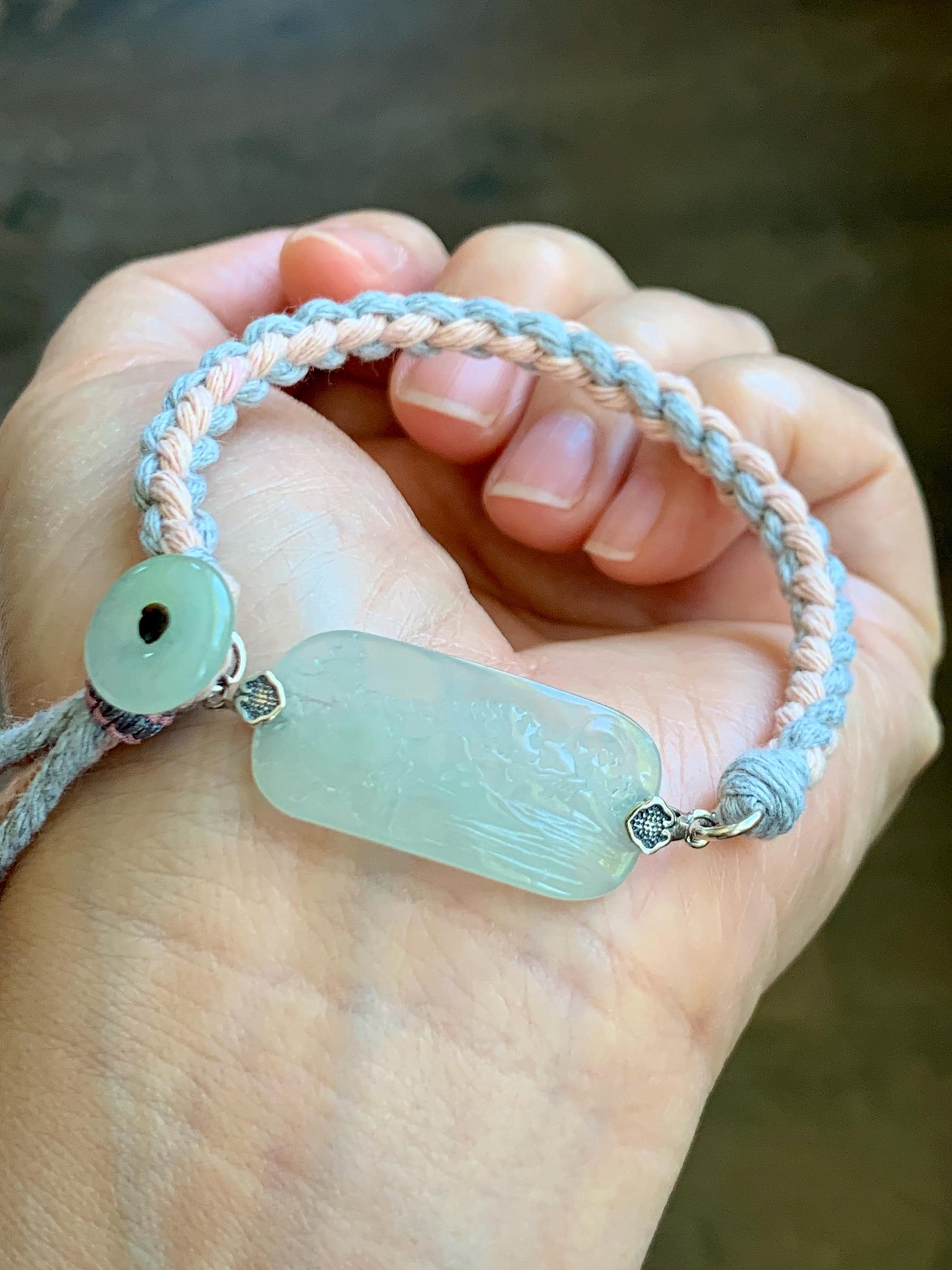 Natural Grade A Icy Highly Translucent Gelatinous Pastel Green Jadeite Shan Shui Landscape Cuff Rope Bracelet 7” 7g 天然冰胶老种晴底翡翠山水手牌手绳 SSB305