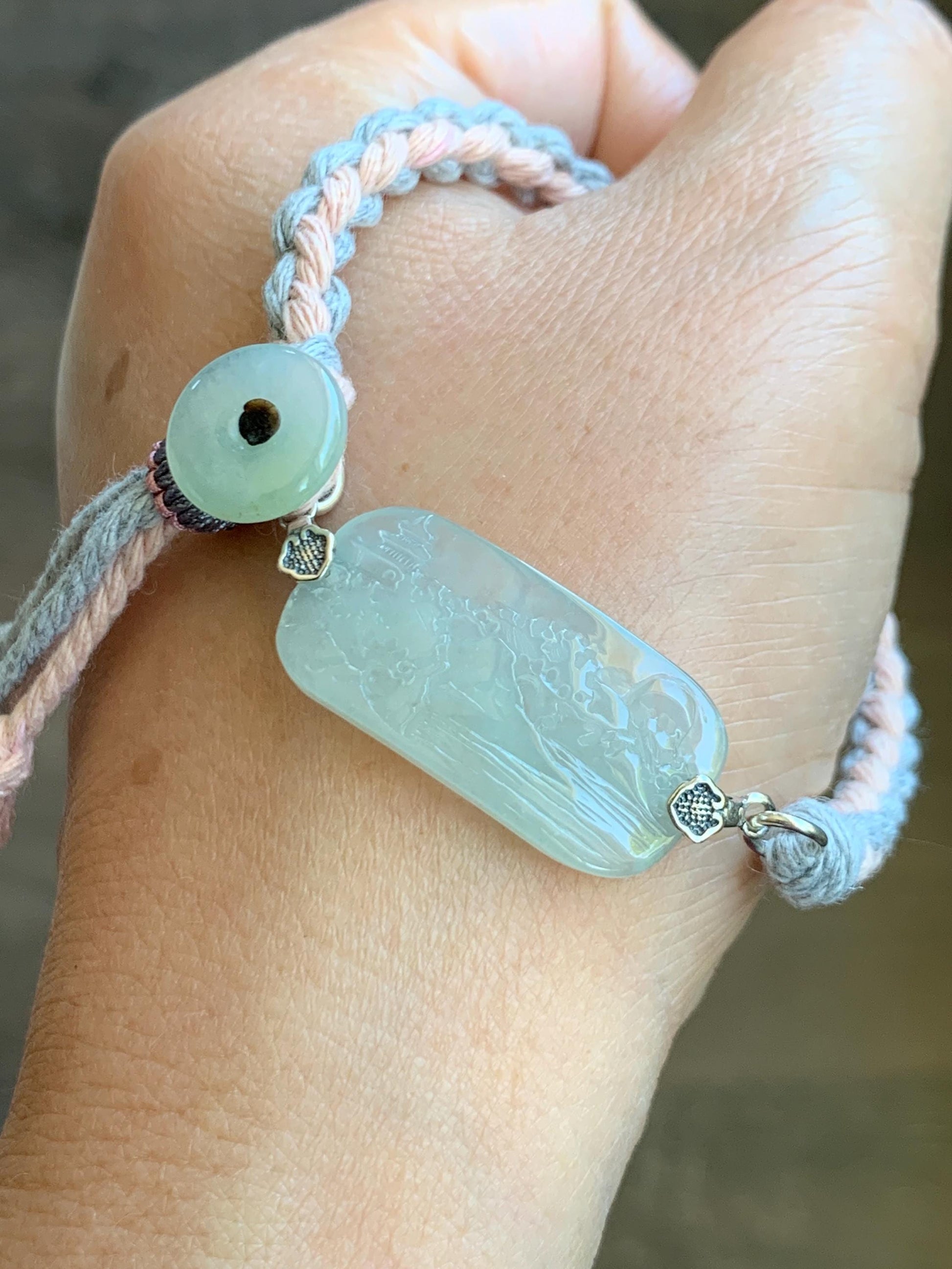 Natural Grade A Icy Highly Translucent Gelatinous Pastel Green Jadeite Shan Shui Landscape Cuff Rope Bracelet 7” 7g 天然冰胶老种晴底翡翠山水手牌手绳 SSB305