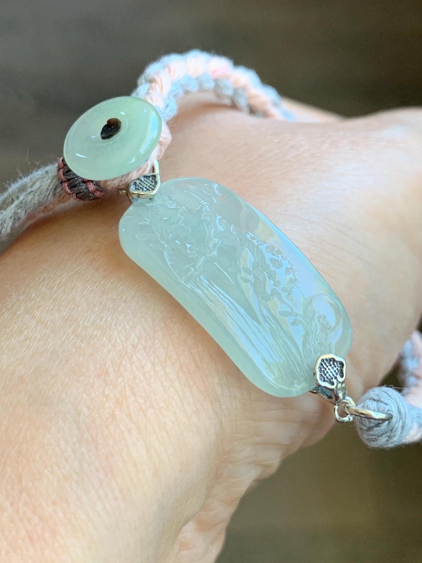 Natural Grade A Icy Highly Translucent Gelatinous Pastel Green Jadeite Shan Shui Landscape Cuff Rope Bracelet 7” 7g 天然冰胶老种晴底翡翠山水手牌手绳 SSB305