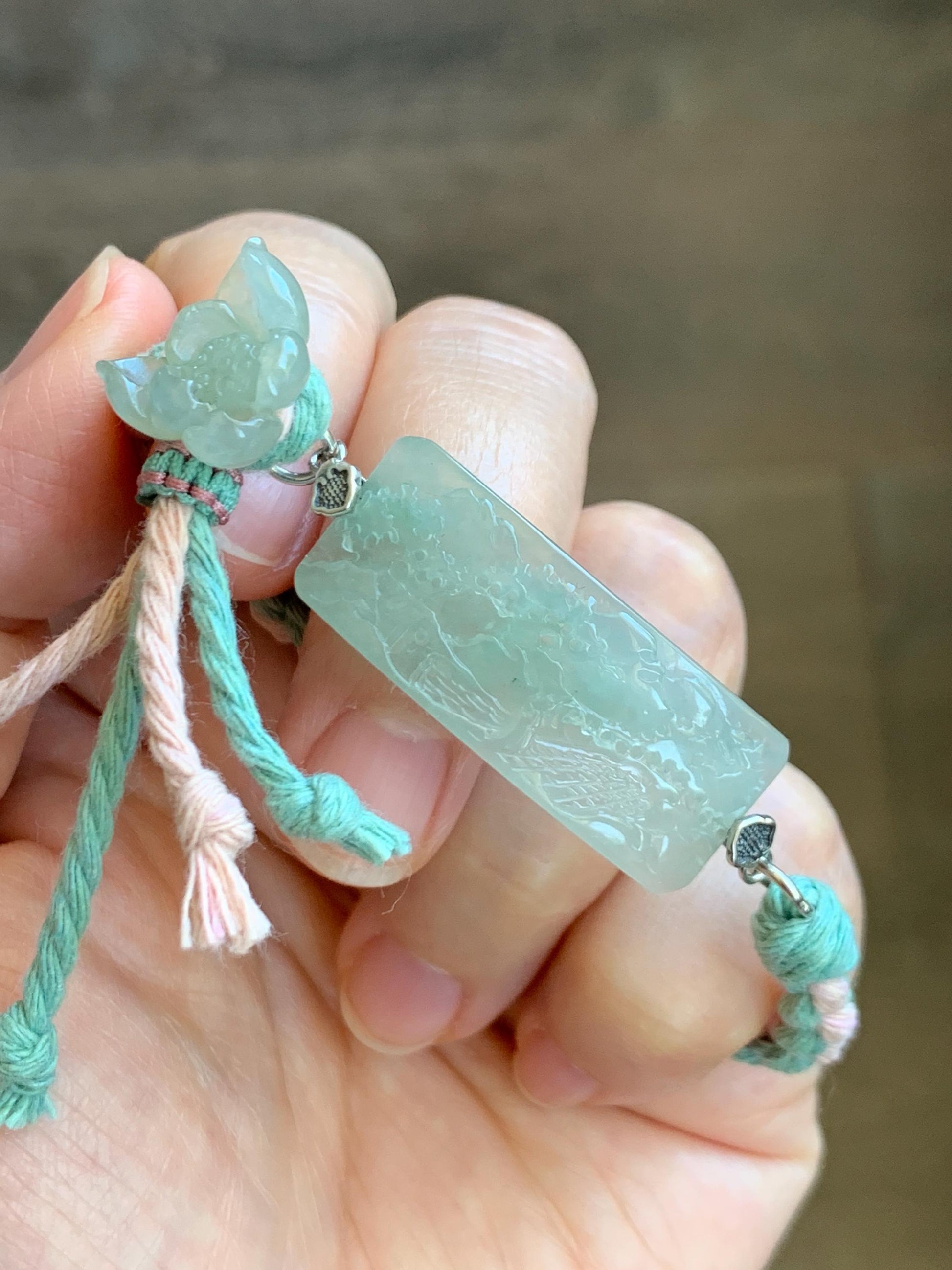 Natural Grade A Icy Highly Translucent Gelatinous Light Green Jadeite Shan Shui Landscape Cuff Rope Bracelet 6.75” 10g 天然冰胶老种绿翡翠山水手牌手绳 SSQ21