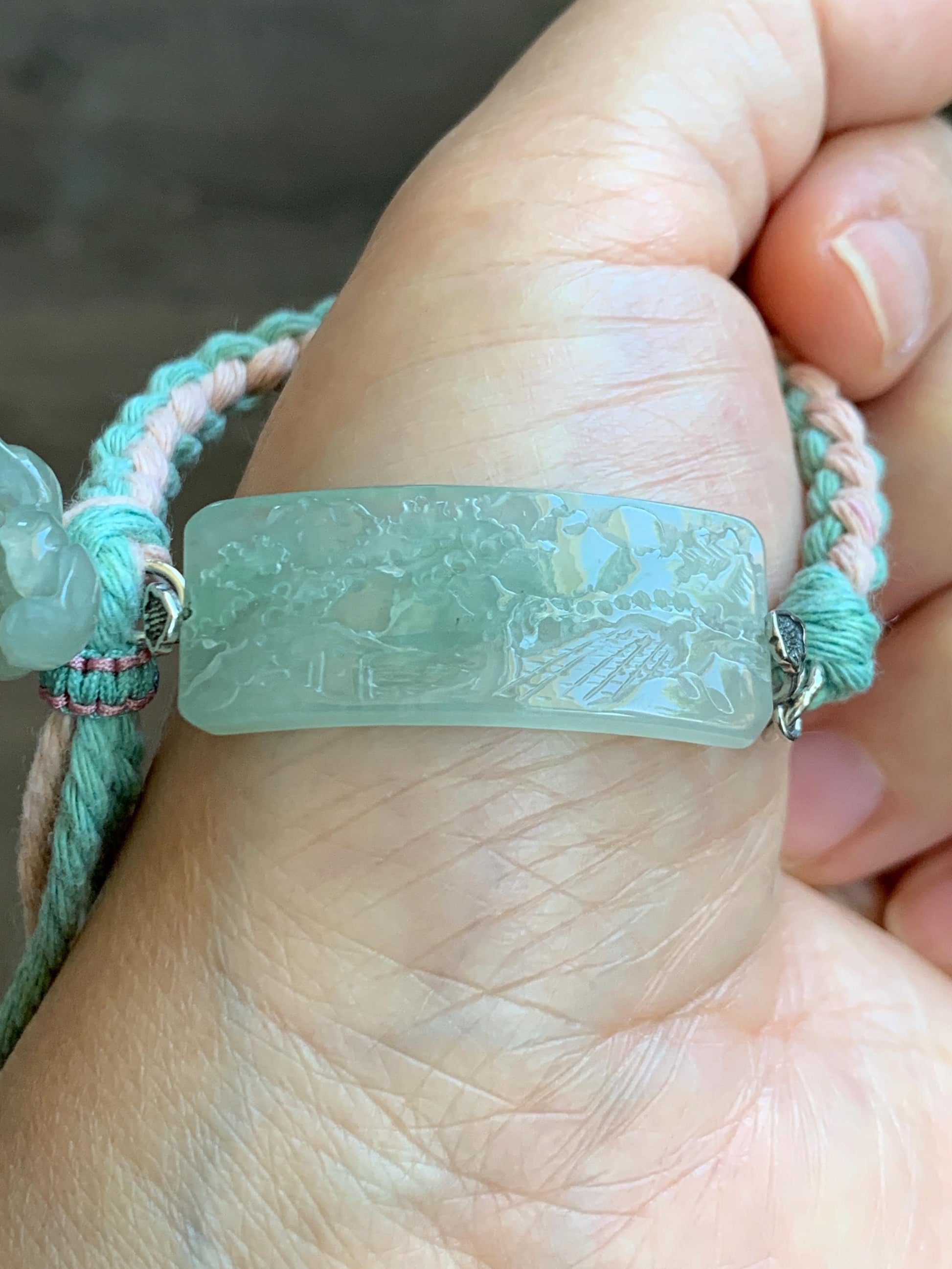 Natural Grade A Icy Highly Translucent Gelatinous Light Green Jadeite Shan Shui Landscape Cuff Rope Bracelet 6.75” 10g 天然冰胶老种绿翡翠山水手牌手绳 SSQ21